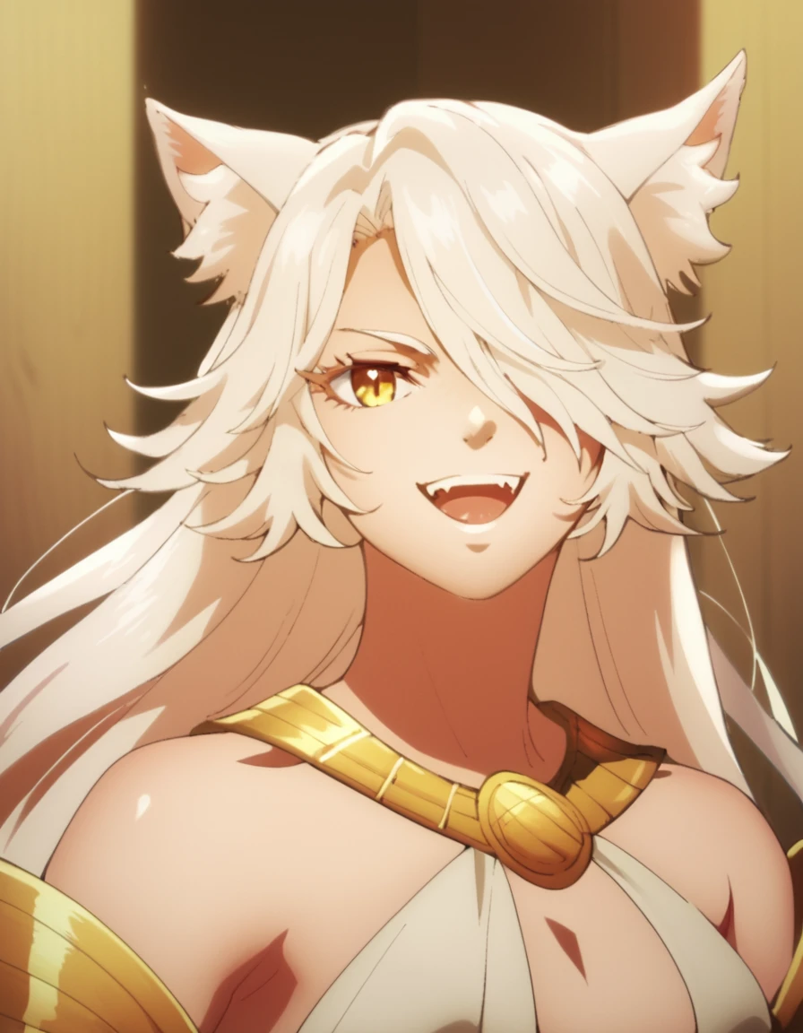 score_9, score_8_up, score_7_up, score_6_up, score_5_up, score_4_up, source_anime, , Granart, long hair, yellow eyes, white hair, cat girl, cat tail, cat ears, hair over one eye, animal ear fluff, , dynamic pose, smile