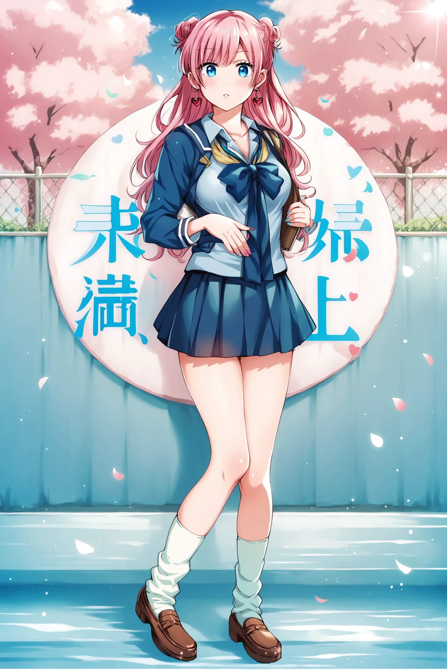 score_9, score_8_up, score_7_up, manga coloring, official style, uncensored, outside, detailed background,
 <lora:Akari_Watanabe_Manga:1>Akari Watanabe, pink hair, long hair, blue eyes, earrings, breasts, nail polish, double bun,
school uniform, grinning, looking at the viewer, full body shot,