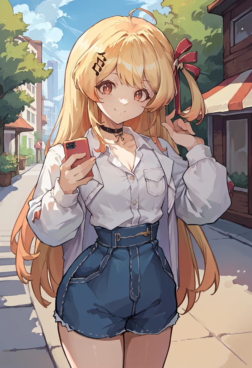 score_9, score_8_up, source_anime, 1girl, solo, OtonoseKanade, long hair, one side up, hair ribbon, musical note hair ornament, white shirt, dress shirt, black choker, holding cellphone, denim shorts, high-waist shorts, outdoors, smile, <lora:ChamOtonoseKanadePonyXL:1>