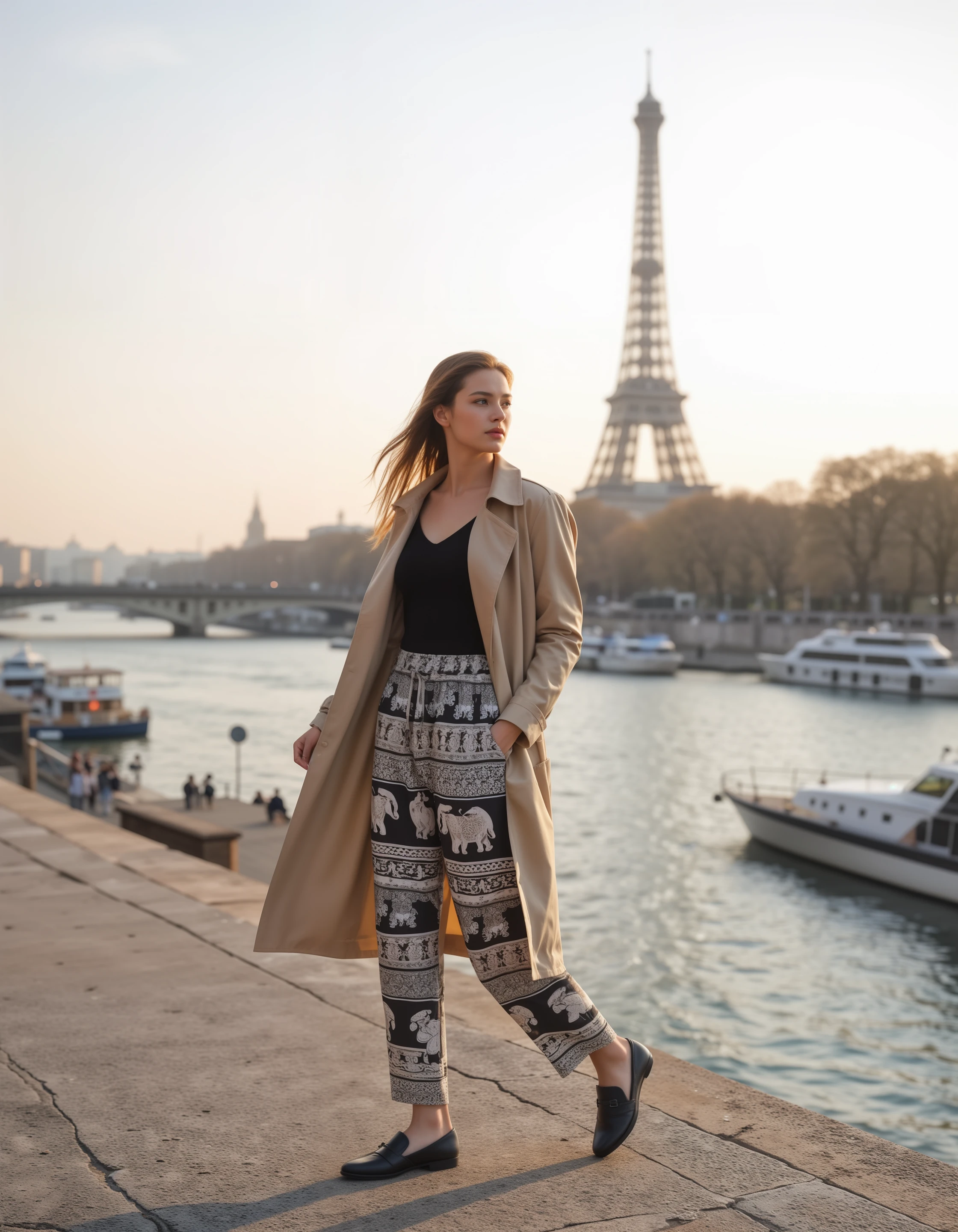 Changpant, elephant-patterned pants, combined with a light trench coat and loafers, strolling along the Seine River with the Eiffel Tower in view. The camera captures a wide-angle shot with early morning light casting a gentle glow over the scene.
<lora:Thai_Elephant-patterned_pantsFlux:0.85>