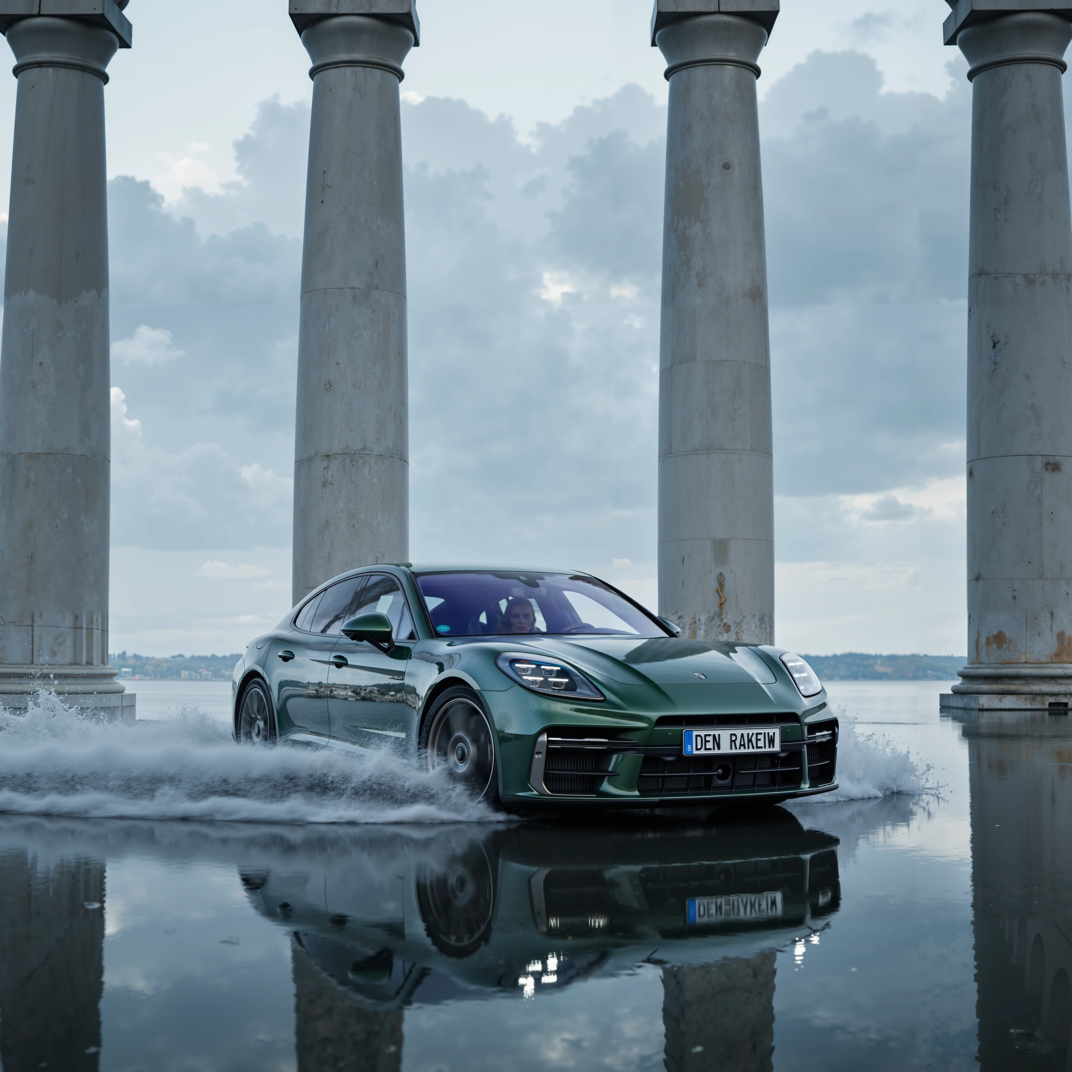 A cinematic shot of a Porsche Panamera Turbo E-Hybrid driving through shallow water,numberplate reads DENRAKEIW,driver is a blonde woman, with dramatic splashes around the tires. The setting is surreal and elegant, featuring grand marble arches in the background, reminiscent of ancient Roman architecture. The water reflects the soft light of a cloudy sky, adding a serene yet powerful mood to the image. The Panamera is sleek and dynamic, showcasing its modern design in contrast with the timeless classical architecture. The colors are cool-toned, with a slight mist to enhance the ethereal atmosphere, and the car's metallic finish gleams subtly under the ambient light.