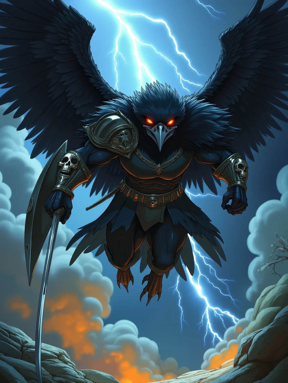 A fierce raven-man with sleek black feathers and glowing red eyes, dressed in dark armor adorned with skulls, flying through a stormy sky, with lightning flashing and thunder roaring, clutching a sword in one hand and a shield in the other, as he dives towards an unseen foe