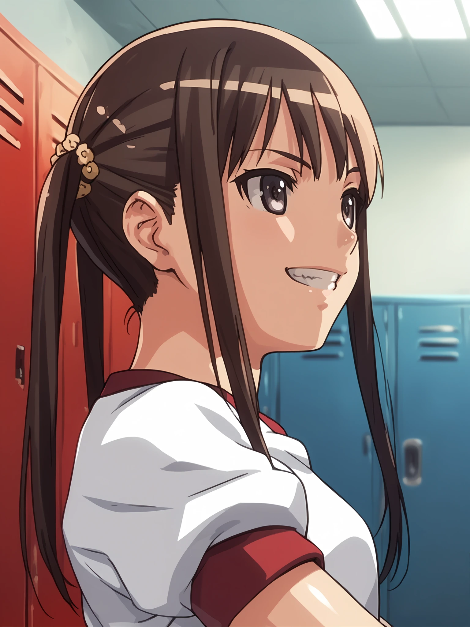 <lora:happy_tentacle-mio-v0.4-000025:0.8>, ht_mio, gym uniform, red buruma, locker room , 1girl, solo, portrait , , emotionless , grin , , from side , score_9, score_8_up, score_7_up, score_6_up, score_5_up, score_4_up