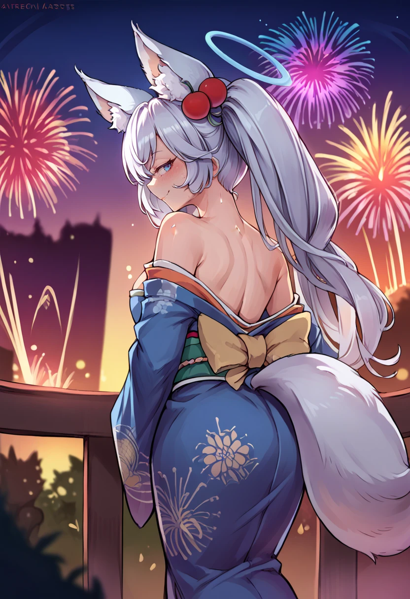 score_9, score_8_up, source_anime, 1girl, solo, KirscheVerstahl, animal ears, long hair, twintails, hair ornament, halo, tail, looking back, from behind, off-shoulder kimono, smirk, blush, bare shoulders, rimlight, night, japanese clothes, fireworks, depth of field, sweat, arms at sides, <lora:ChamKirscheVerstahlPonyXL:1>