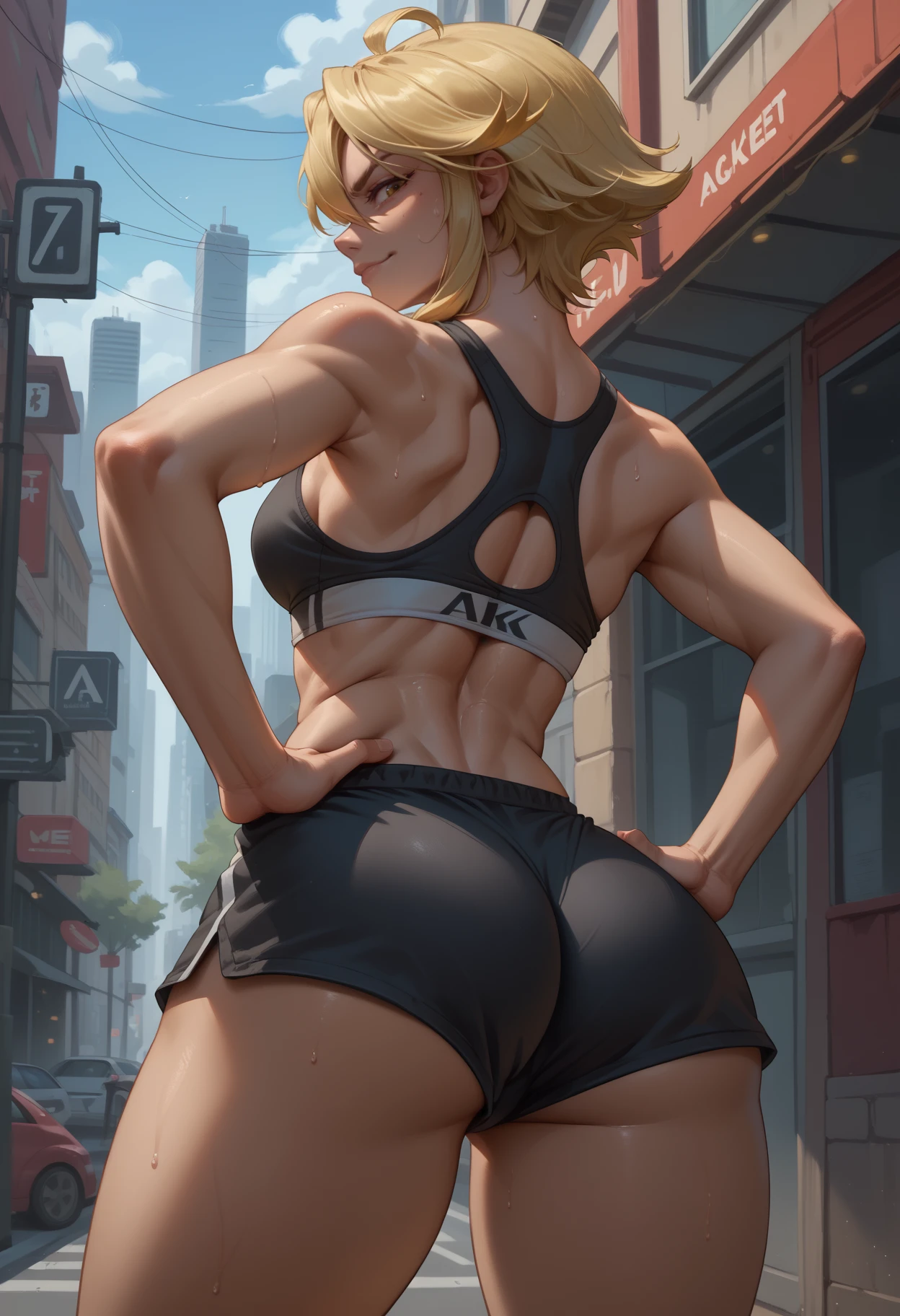 score_9, score_8_up, score_7_up, from behind, solo, 1girl, agkleone, sweat, smirk, looking back, hands on own hips, short hair with long locks, black sports bra, black shorts, short shorts, ass, outdoors, city street
<segment:yolo-face_yolov8m.pt,0.35,0.5//cid=1>