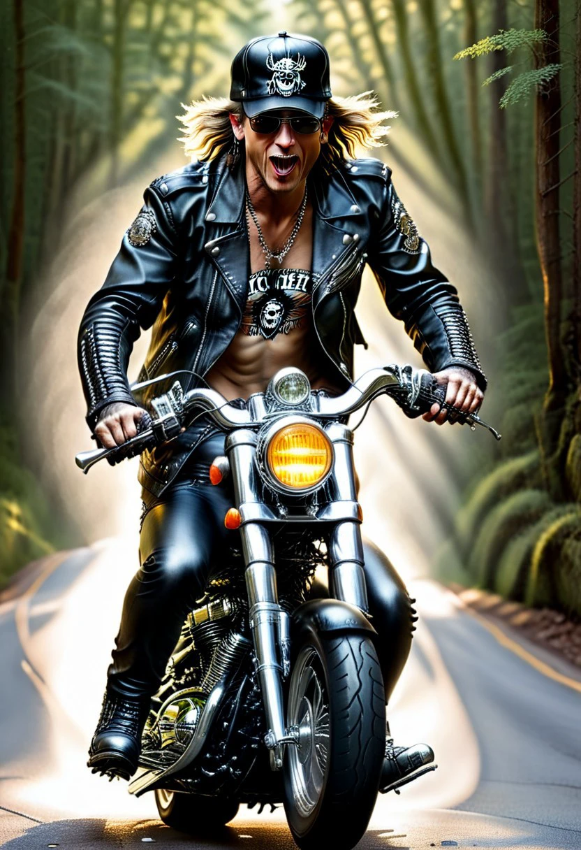 "Ultra realistic with high quality and ultra detail with excellent focus and contrast, balanced colors of an image of a rock metal man posing as a rocker, rocker leather jacket and rocker leather hat, on a Harry Davidson motorcycle, dynamics and movement in the image, forest road, movement and dynamics of the image, illumination golden hour, sunset, flooding sun