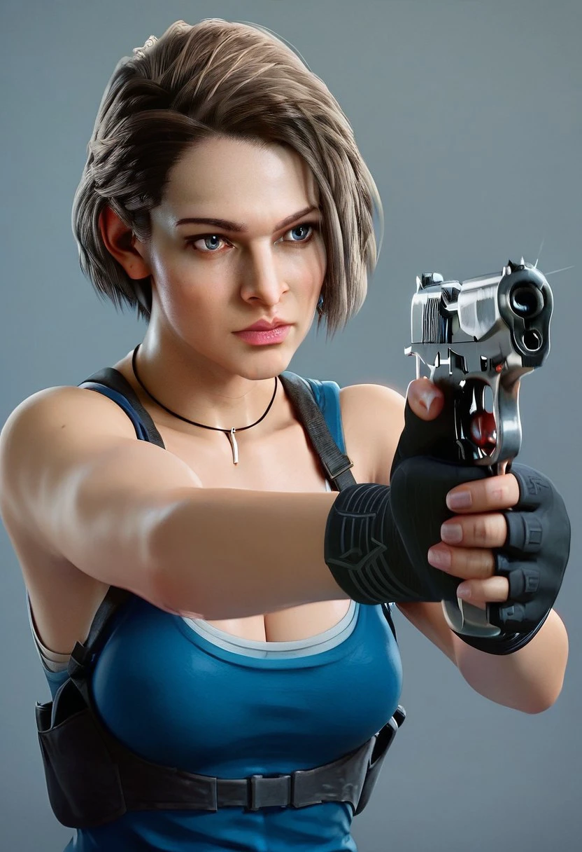 score_9, score_8_up, score_7_up, 
JillValentine, Jill Valentine,Jill Valentine \(Resident Evil Death Island\), 1girl, solo, breasts, short hair, blue eyes, blonde hair, large breasts, gloves, holding, cleavage, jewelry, medium breasts, weapon, black gloves, belt, fingerless gloves, necklace, holding weapon, lips, gun, tank top, holding gun, handgun, realistic, shoulder holster, blue tank top,