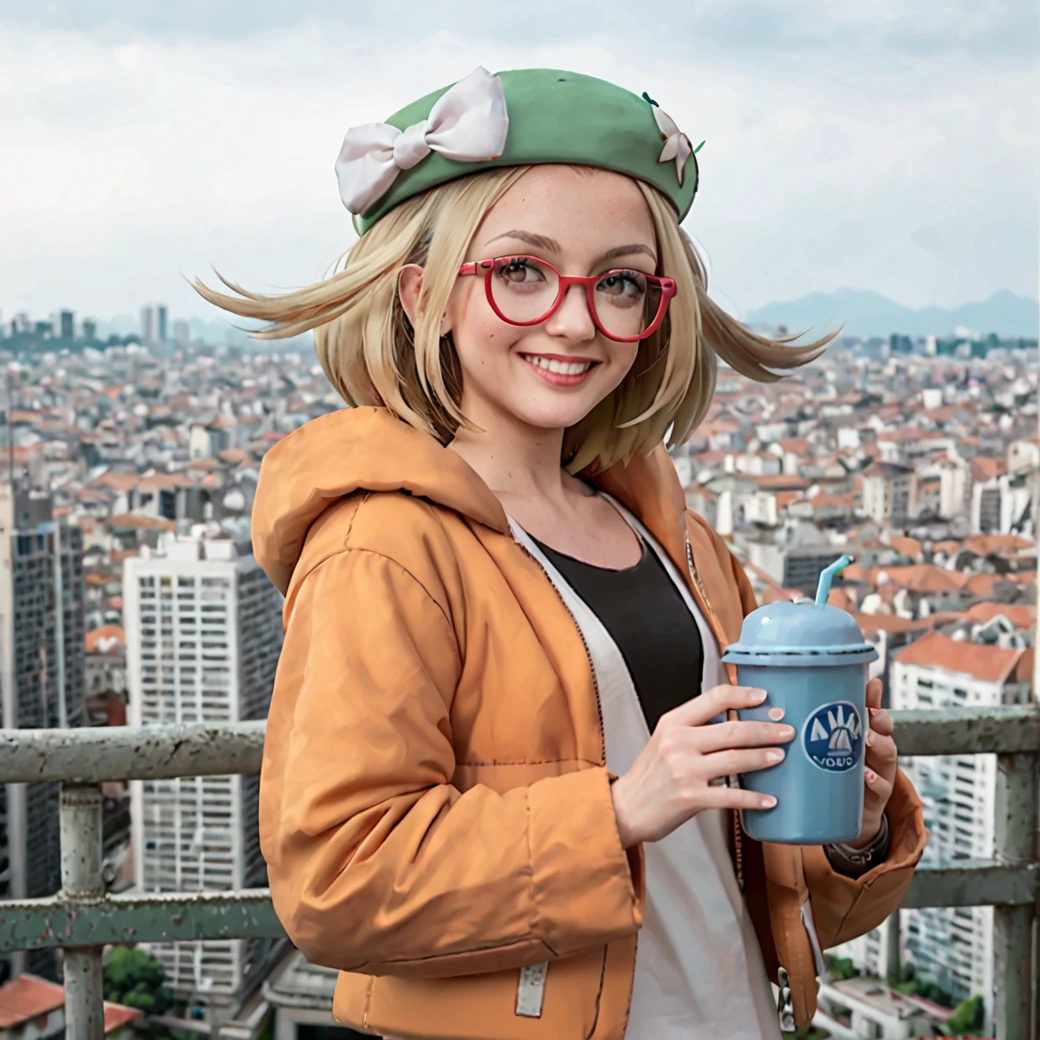 score_9, score_8_up, score_7_up, score_6_up, score_5_up, score_4_up,  <lora:Bianca_Pokemon_BW2:1>, biancabw2,1girl, solo, blonde hair, beret, orange jacket, open jacket, white shirt, smile, glasses, outdoors, cityscape, white bow, hat bow, realistic,