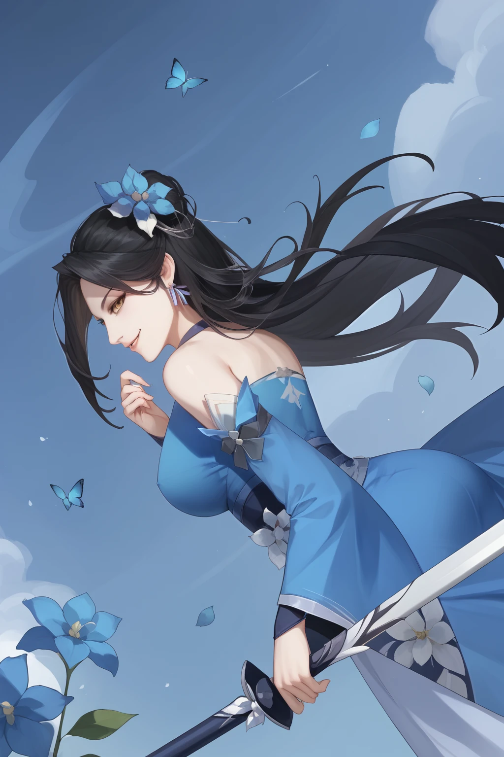 cai lan, black hair, long hair, blue flower hair ornament, yellow eyes, earrings, blue bare shoulder dress, dress with slit, detached sleeves, dark blue boots, holding a sword,
(nsfw), (uncensored), (score_9), score_8_up, score_7_up, source_anime, cowboy shot, dynamic pose, Happy, Smile, Parted Lips, blush, ashamed, shy, sexy, charming, alluring, seductive, enchanting, erotic,
((outdoors)), ((flower garden)), ((flowers)), ((many flowers)), spring petals, petals of flowers, spring, falling petals, flying butterflies<lora:EMS-451105-EMS:1.000000>