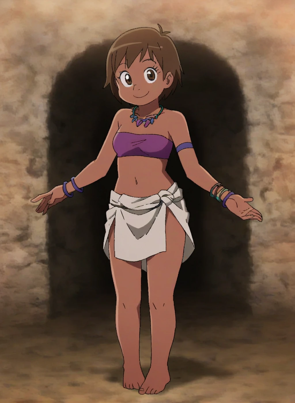 1 girl, solo, short hair, medium breast, sexy, look at viewer, seductive, blush, loin cloth, under boob, diana, brown hair, black skin, dark skin, brown eyes, submissive, bashful, tribal clothing, Savage girl, chained up, hanging from ceiling