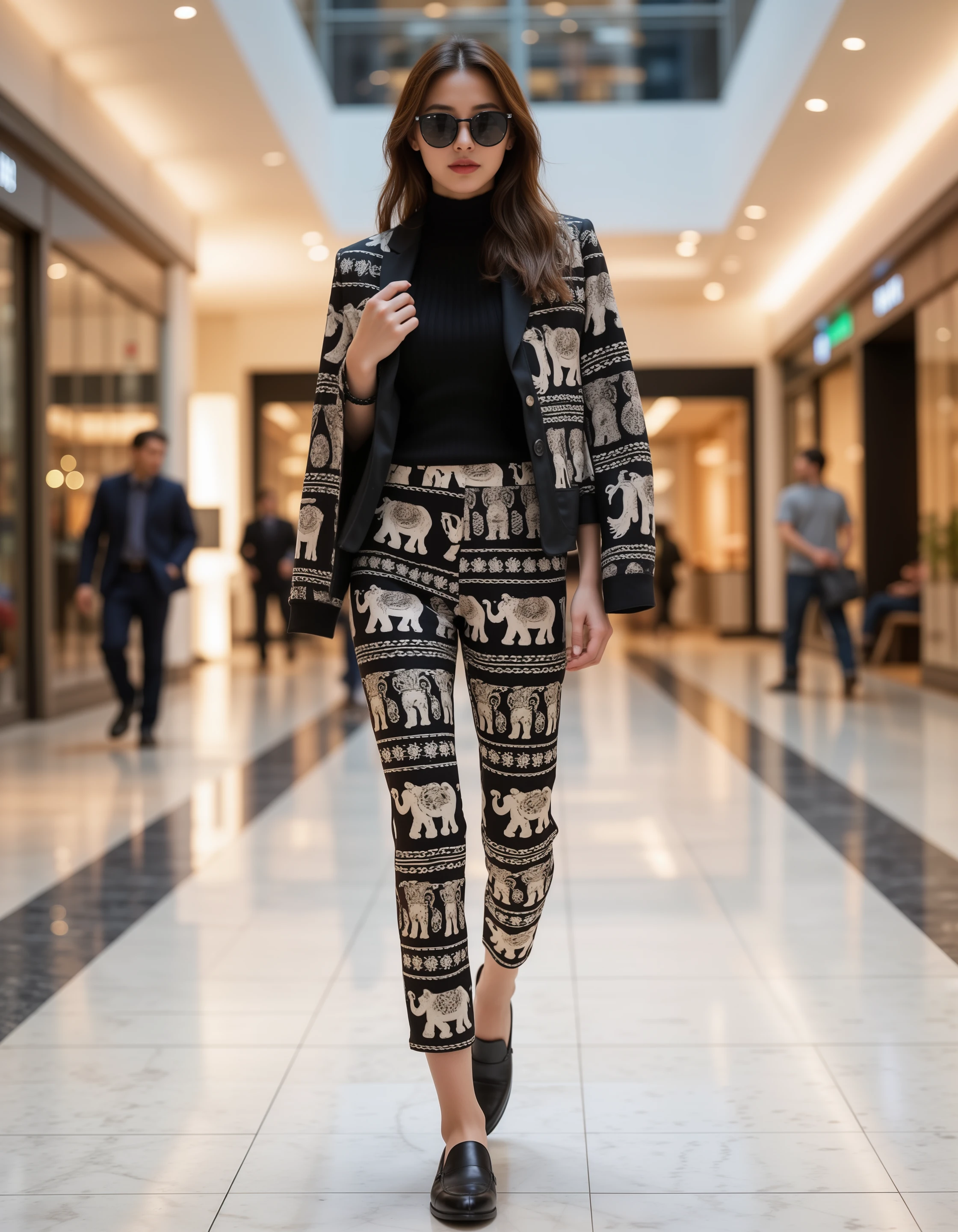 Changpant, elephant-patterned pants, styled with a stylish jacket and loafers, perfect for a shopping spree at the mall. Use indoor lighting with reflections from glossy surfaces to highlight a chic and modern look.

<lora:Thai_Elephant-patterned_pantsFlux:0.9>