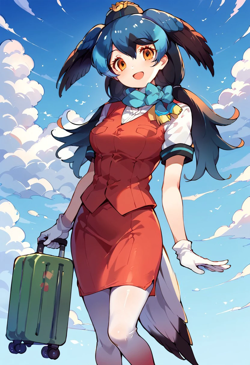 1girl, ((solo)), best quality, ultra-detailed, extremely detailed, perfect anatomy, masterpiece, score_9, score_8_up, score_7_up, Expressiveh, passenger pigeon (kemono friends), multicolored hair, blue hair, black hair, head wings, bird tail, bangs, orange eyes, long hair, twintails, red vest, white shirt, short sleeves, white gloves, red skirt, gradient skirt, hat, garrison cap, gradient legwear, pantyhose, scarf, pencil skirt, blue bowtie, black heels, standing, smiling, happy, staring at viewer, blue skies background, clouds, open mouth smile, dutch angle, closeup, rolling suitcase,