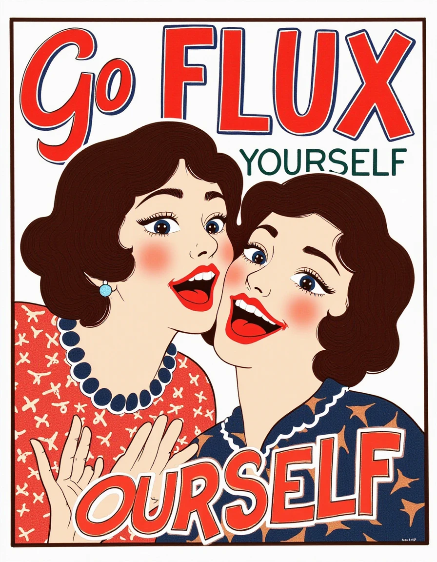 {
"prompt": "Create a stylized poster with the phrase 'Go FLUX Yourself' on a vintage aesthetic backdrop. The poster should be filled with zest, enthusiasm, eagerness, and gusto. The characters should have big lips and smile widely while gesturing animatedly. The art style should be reminiscent of Neo-Renaissance oil paintings."
}