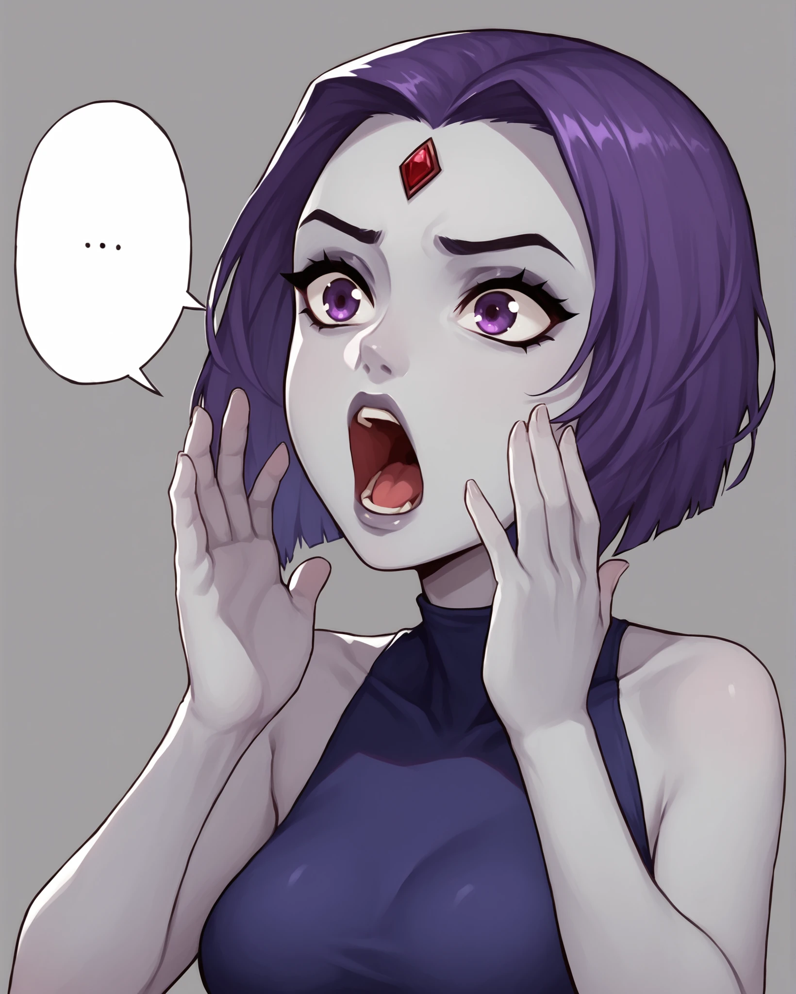 score_9, score_8_up, score_7_up, source_cartoon BREAK 1girl, solo, raven (dc), short hair, purple hair, purple eyes, forehead jewel, open mouth, two hands up, speech bubble, leotard, bare shoulders, grey skin, <lora:Hand_up_calling_outshouting:1>, rating_questionable