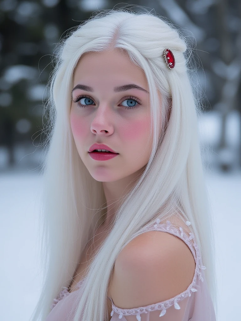 liza_white_model snow fae princess, photo real, (8k, RAW photo, highest quality), hyper realistic, red ruby gemstone suit, hauntingly beautiful illustrations, fairytale-inspired, winter snow background, blurry background lora:add-detail-xl:1> " p
