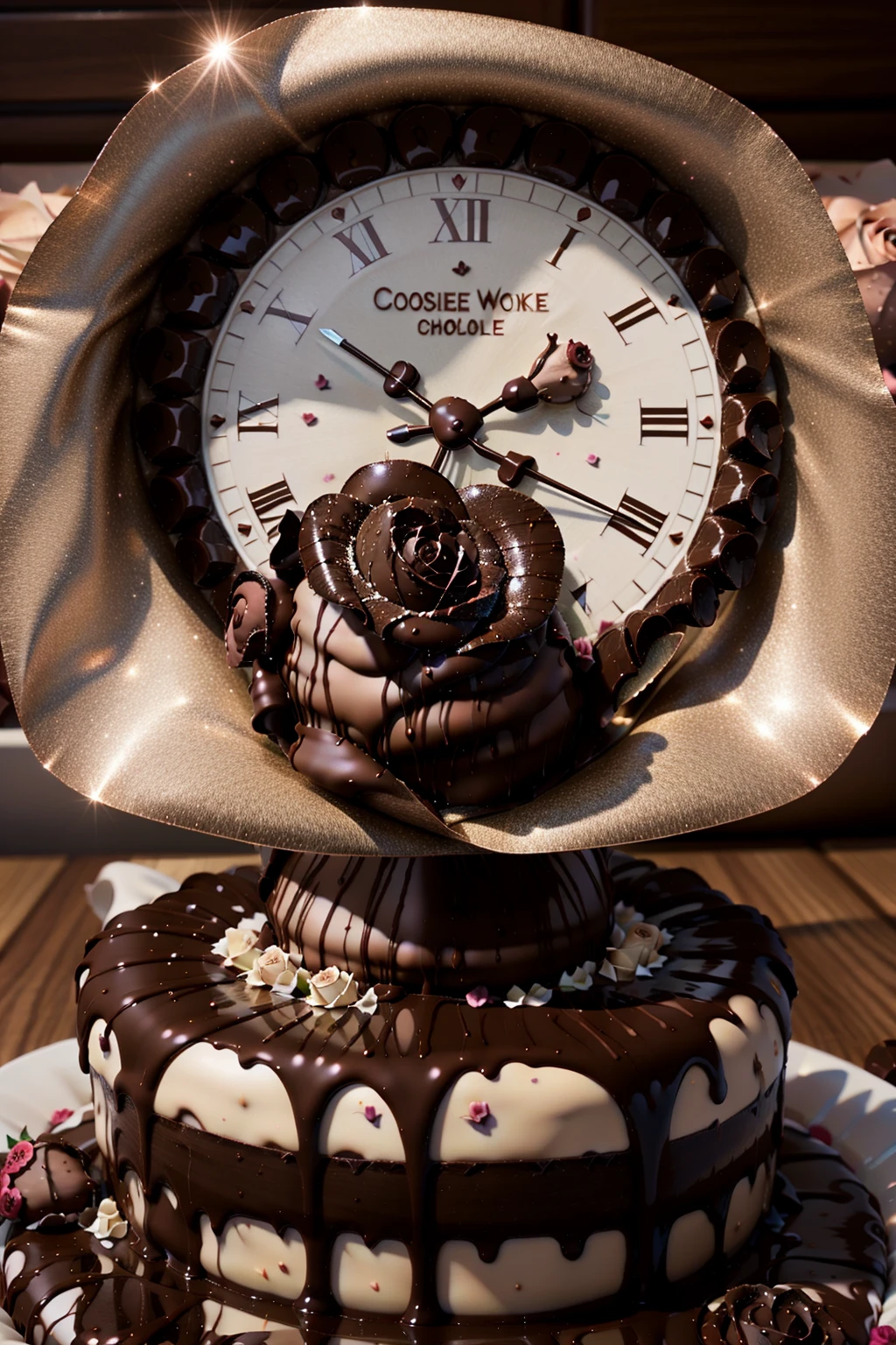 <lora:ChocolateRoseWorld:1> ChocolateRoseWorld clock in a kitchen