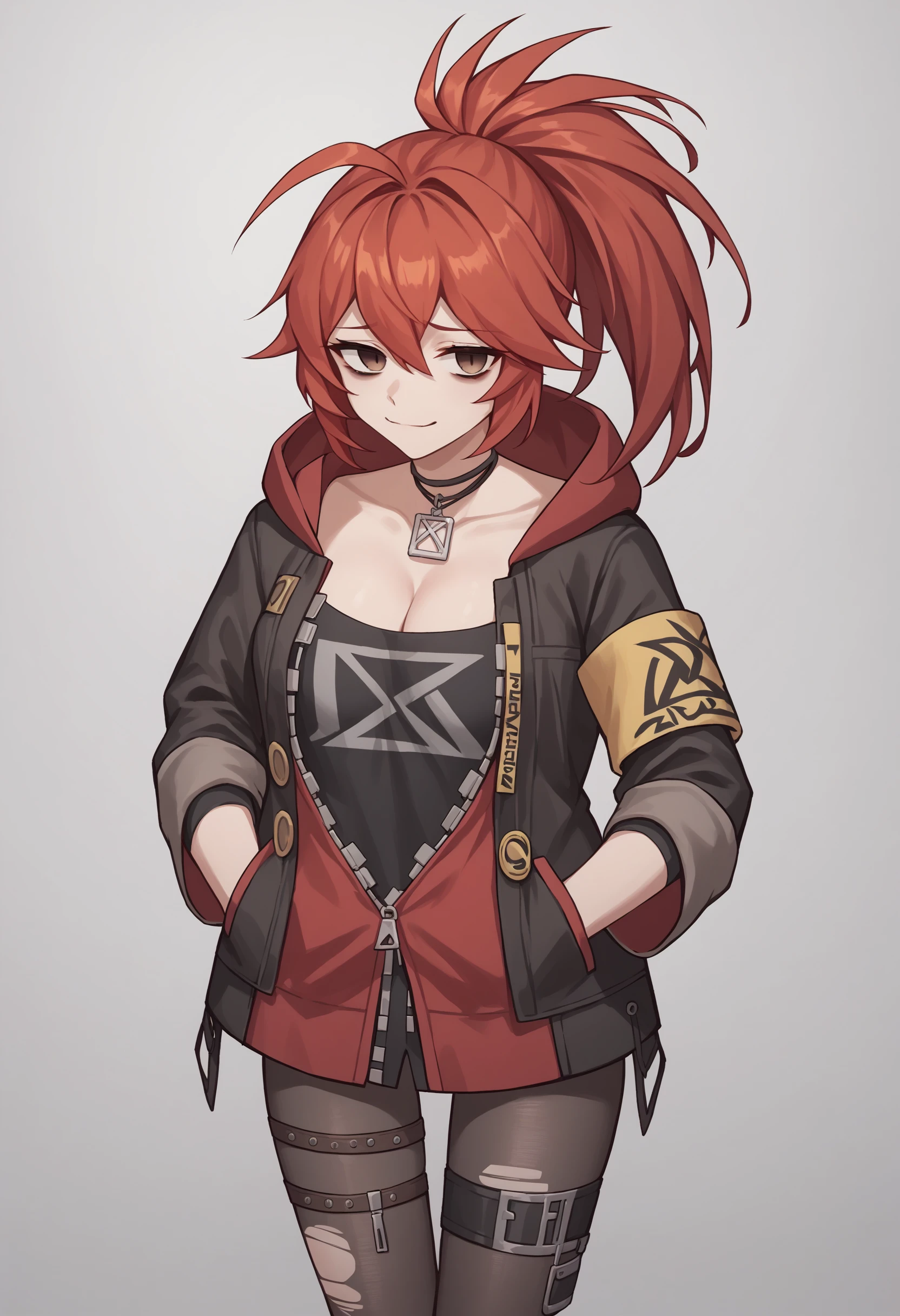 score_9, score_8_up, score_7_up, source_anime, ardef, brown eyes, empty eyes, red hair, ahoge, hair between eyes, ponytail, choker, necklace, black shirt, jacket, black jacket, zipper, partially unzipped, long sleeves, armband, hood, thigh strap, black pantyhose, torn pantyhose, smug, looking at viewer, cowboy shot, cleavage<lora:AdrianaRiveraPonyXLv6-20:1>