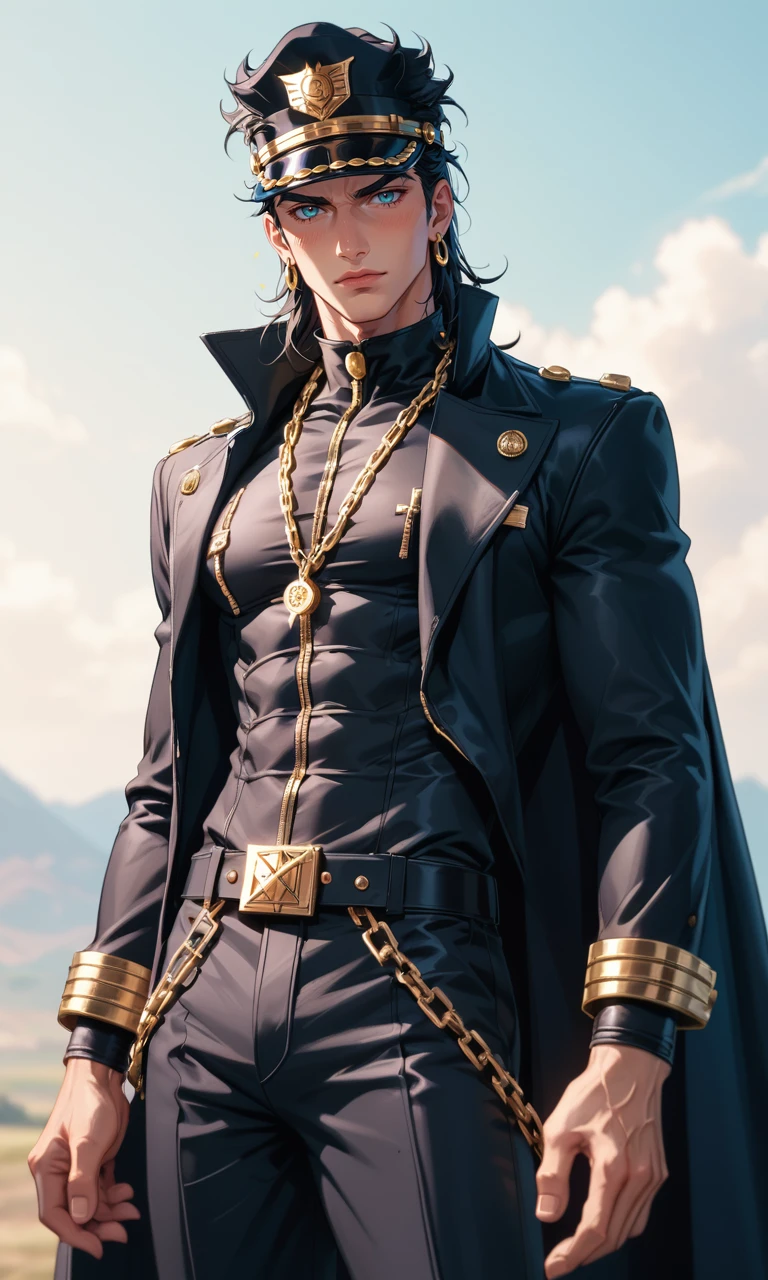 score_9, score_8_up, score_7_up, (Jotaro Kujo), JoJo, black hair, head tilted, wears a modified (dark-black trench), coat-length gakuran/tsume-eri with a tall, stiff collar, pierced on the left with a golden chain. Underneath, he wears a fitted, sleeveless shirt and a pair of slim-fitting pants of very short, sharp flares held up by two thin belts, (Piramids background), (depth of field), (fine textures details)