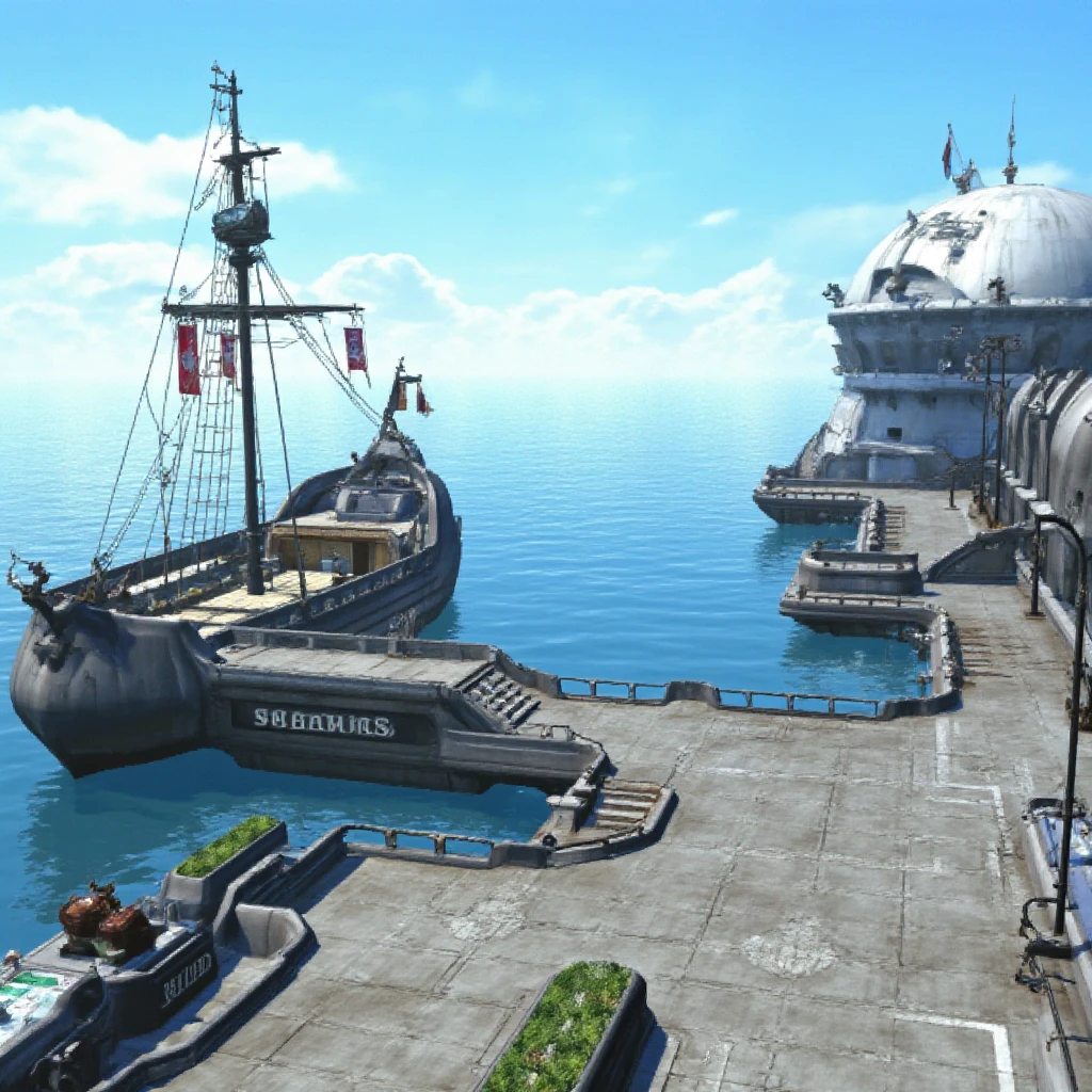 ff8bg artstyle of a ship harbor on a sunny day