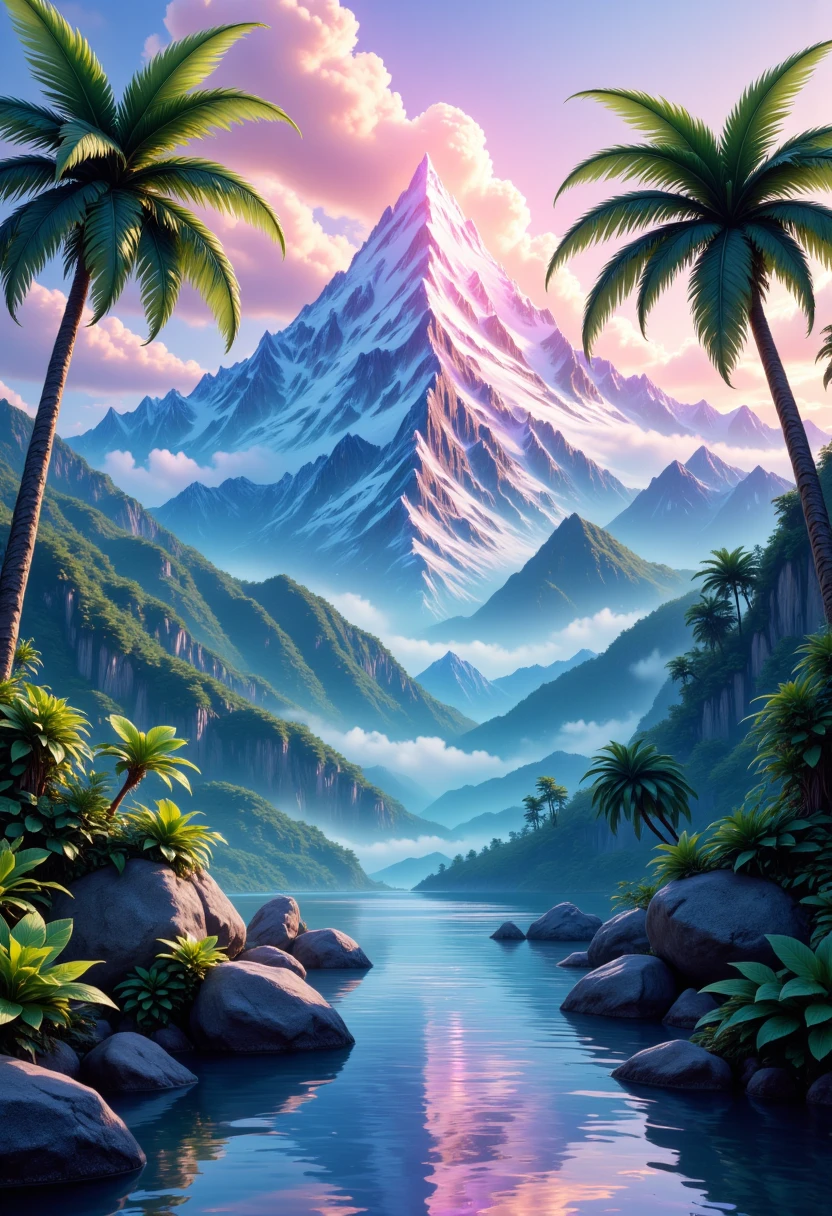 vibrant, digital illustration depicting a tropical paradise. The scene is dominated by a majestic, snow-capped mountain range with sharp peaks and lush, green slopes. The mountain is illuminated by a rainbow of colors, including pink, purple, blue, and green, which create a stunning, ethereal effect. The sky is a gradient of soft pastel colors, transitioning from a light blue at the top to a deeper, darker blue near the horizon. The sky is filled with fluffy, white clouds that cast soft shadows on the mountains.
In the foreground, there are two palm trees with long, slender fronds, adding to the tropical ambiance. The trees are positioned on either side of the image, with one leaning slightly to the left and the other to the right. The ground is covered in dense, green foliage, and there are several large rocks scattered around the base of the mountain, creating a sense of depth and texture.
A tranquil, reflective body of water is situated at the bottom of the image, reflecting the surrounding scenery and adding a serene quality to the scene. The water is a clear blue, with small ripples indicating movement. The overall style of the illustration is highly detailed and realistic, with a focus on vibrant colors and lush, tropical elements