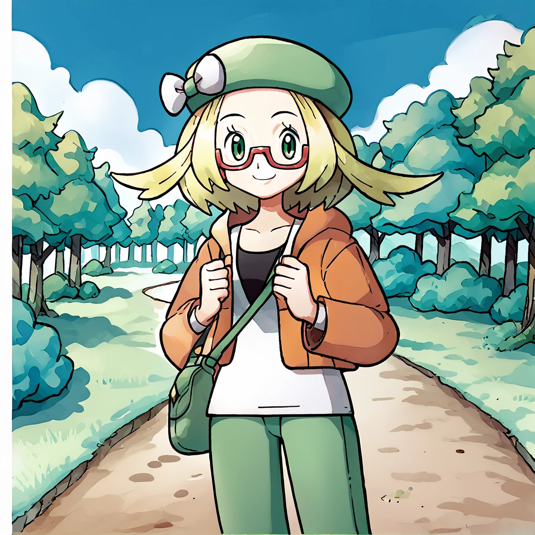 score_9, score_8_up, score_7_up, score_6_up, score_5_up, score_4_up,  <lora:Bianca_Pokemon_BW2:1>, biancabw2, 1girl, solo, blonde hair, glasses, green eyes, semi rim glasses,  green pants, beret, hat bow, white bow, smile, outdoors, trees, clouds, smile, happy expression, orange jacket, white shirt, shoulder bag, red rimmed glasses,  looking at viewer,  <lora:KenSugimoriPony:0.8>, ken sugimori, watercolor \(medium\)