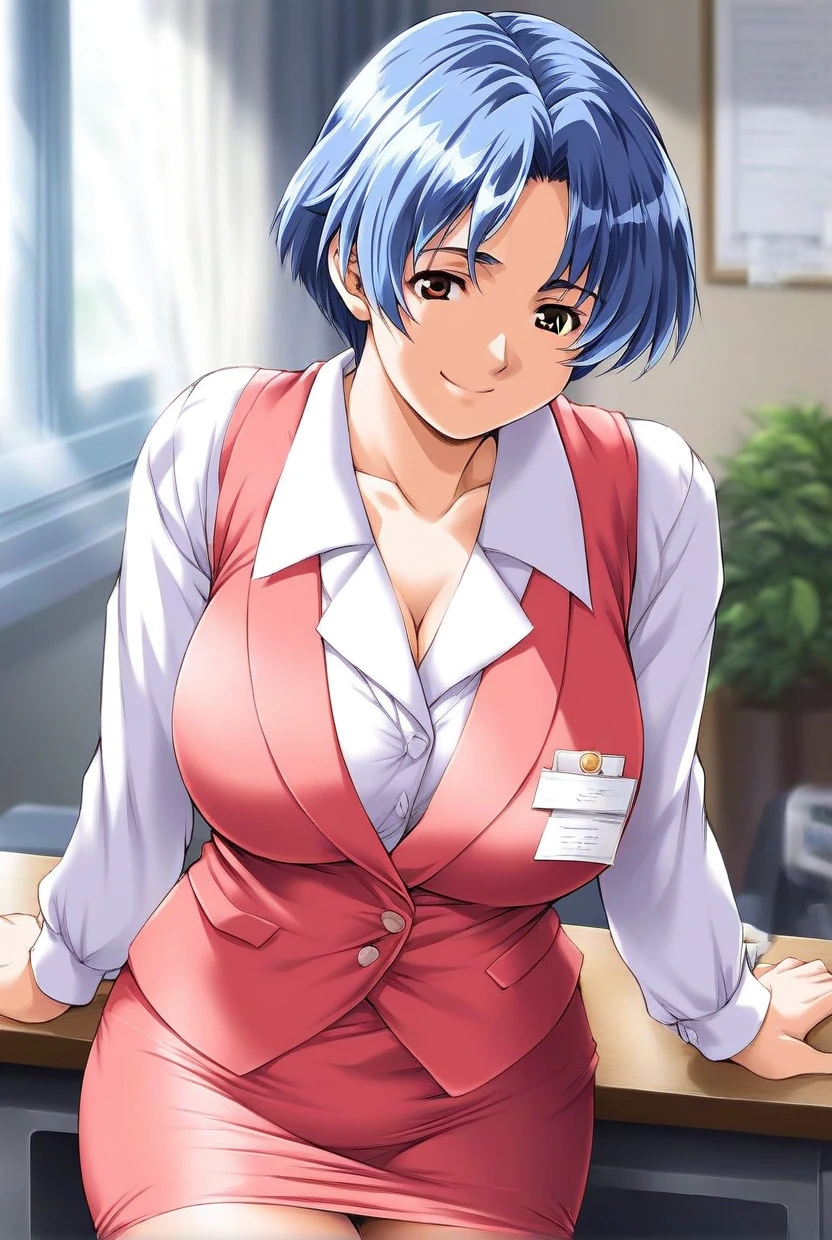 score_9, score_8_up, score_7_up, source_anime, rating_explicit, BREAK  <lora:Shiraishi_Momoko_XL:1> ShiraishiMomoko, blue hair, short hair, large breasts, brown eyes,
1girl, solo, skirt,  office lady, smile, vest, shirt, pencil skirt, long sleeves