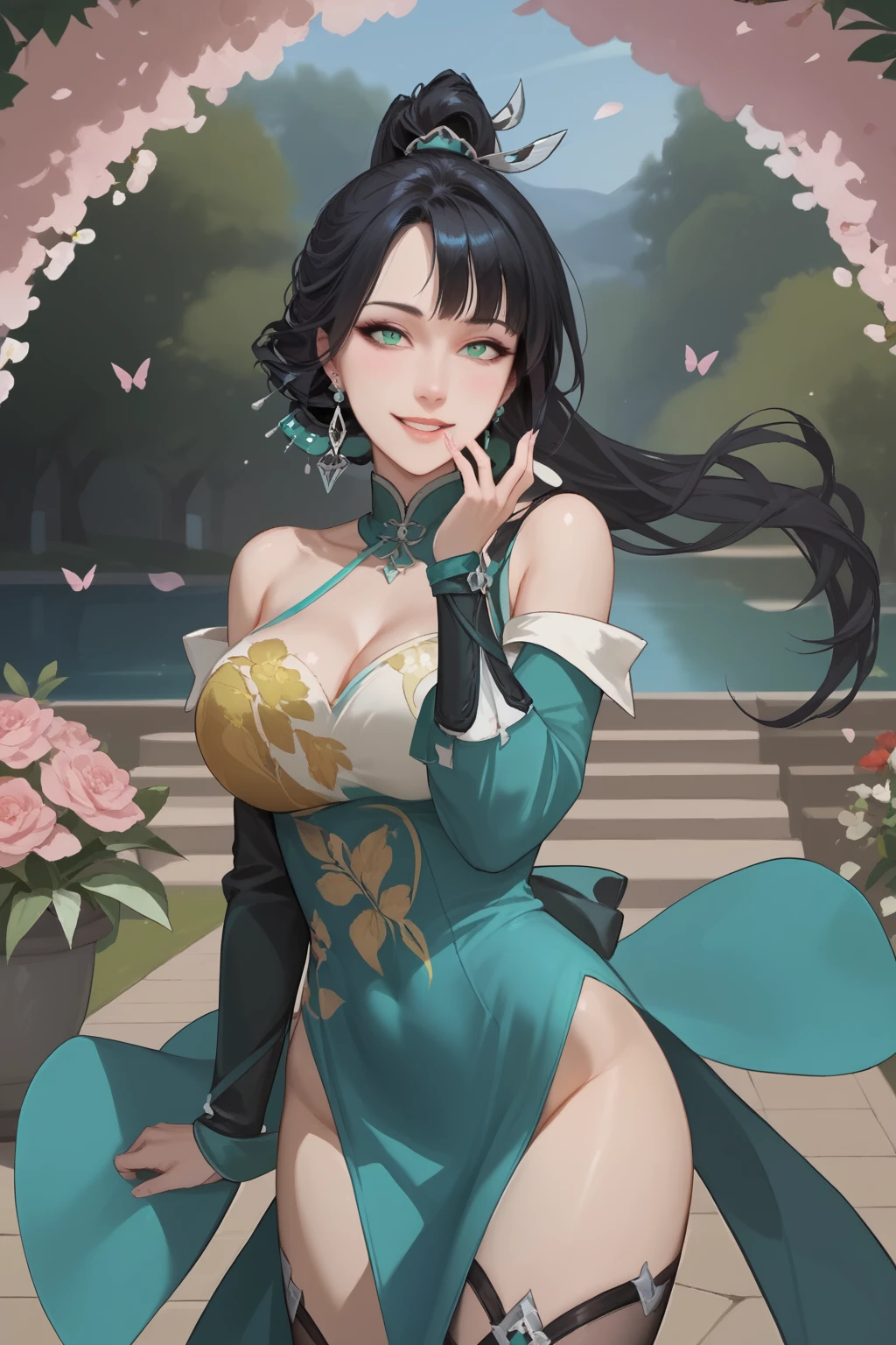 yu xiao er, black hair, long hair, high ponytail, hair ornament, earrings, green eyes, green halter neck dress,
(nsfw), (uncensored), (score_9), score_8_up, score_7_up, source_anime, cowboy shot, dynamic pose, Happy, Smile, Parted Lips, blush, ashamed, shy, sexy, charming, alluring, seductive, enchanting, erotic,
((outdoors)), ((flower garden)), ((flowers)), ((many flowers)), spring petals, petals of flowers, spring, falling petals, flying butterflies<lora:EMS-460686-EMS:1.000000>