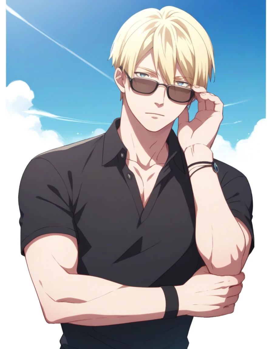 score_9, score_8_up, score_7_up, score_6_up, score_5_up, score_4_up, 2d_anime, rating_questionable, beach, blue sky,
1boy, solo, solo focus, mature male, <lora:Goyo_Hayamichi_Pony_Rev1:0.7>, goyo hayamichi, blonde hair, wristband, facing viewer, looking at viewer, standing, upper body, black shirt, short sleeves, collared shirt, hand on eyewear, eyewear grab,