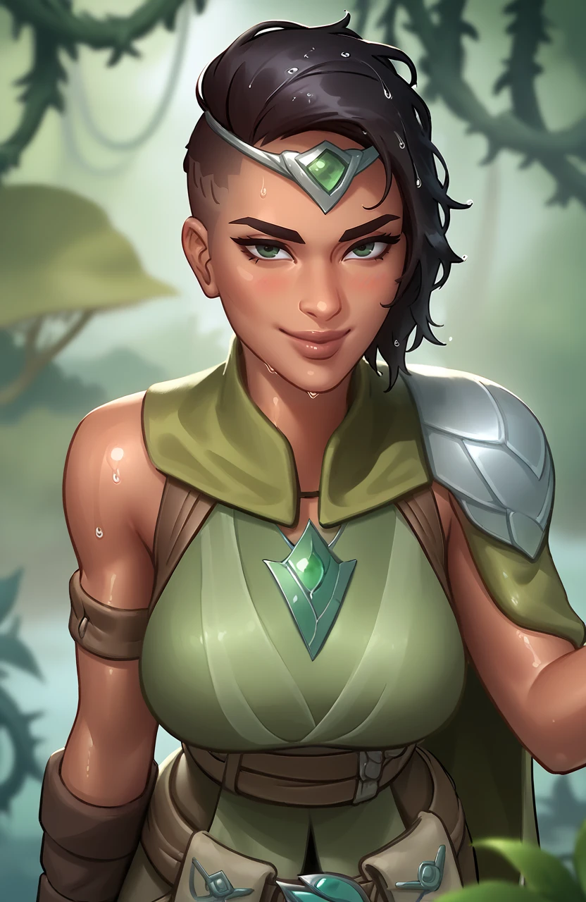 score_9, score_8_up, score_7_up, 
1girl, solo, <lora:Vivien_Reid_-_Magic_the_Gathering:1>, green eyes, dark skin, black hair, sidecut, circlet, fingerless gloves, asymmetrical_hair, cornrows,
lips, blush, smirk, looking at viewer,
green outfit, armor, cape, boots, pelvic curtain, belt, 
shiny skin, sweaty, wet skin, wet hair, 
<lora:Smooth Anime 2 Style SDXL_LoRA_Pony Diffusion V6 XL:0.8>
<lora:SummertimeSagaXL_Pony:0.7>
depth of field, blurry background, blurry foreground, dense forrest, jungle, vines, raining, fog,