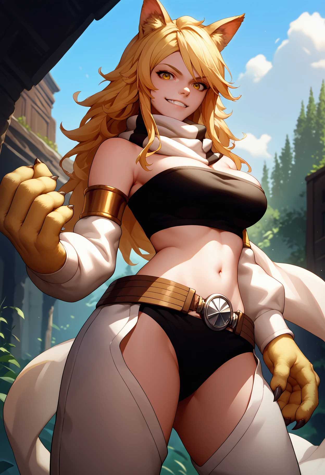 score_9, score_8_up, score_7_up, source_anime, solo, 1girl, agkleone, animal hands, claws, grin, looking at you, standing, long hair, animal ears, black tube top, bandeau, detached sleeves, white pants, belt, underwear, black panties, white scarf, large breasts, outdoors
<segment:yolo-face_yolov8m.pt,0.4,0.5>