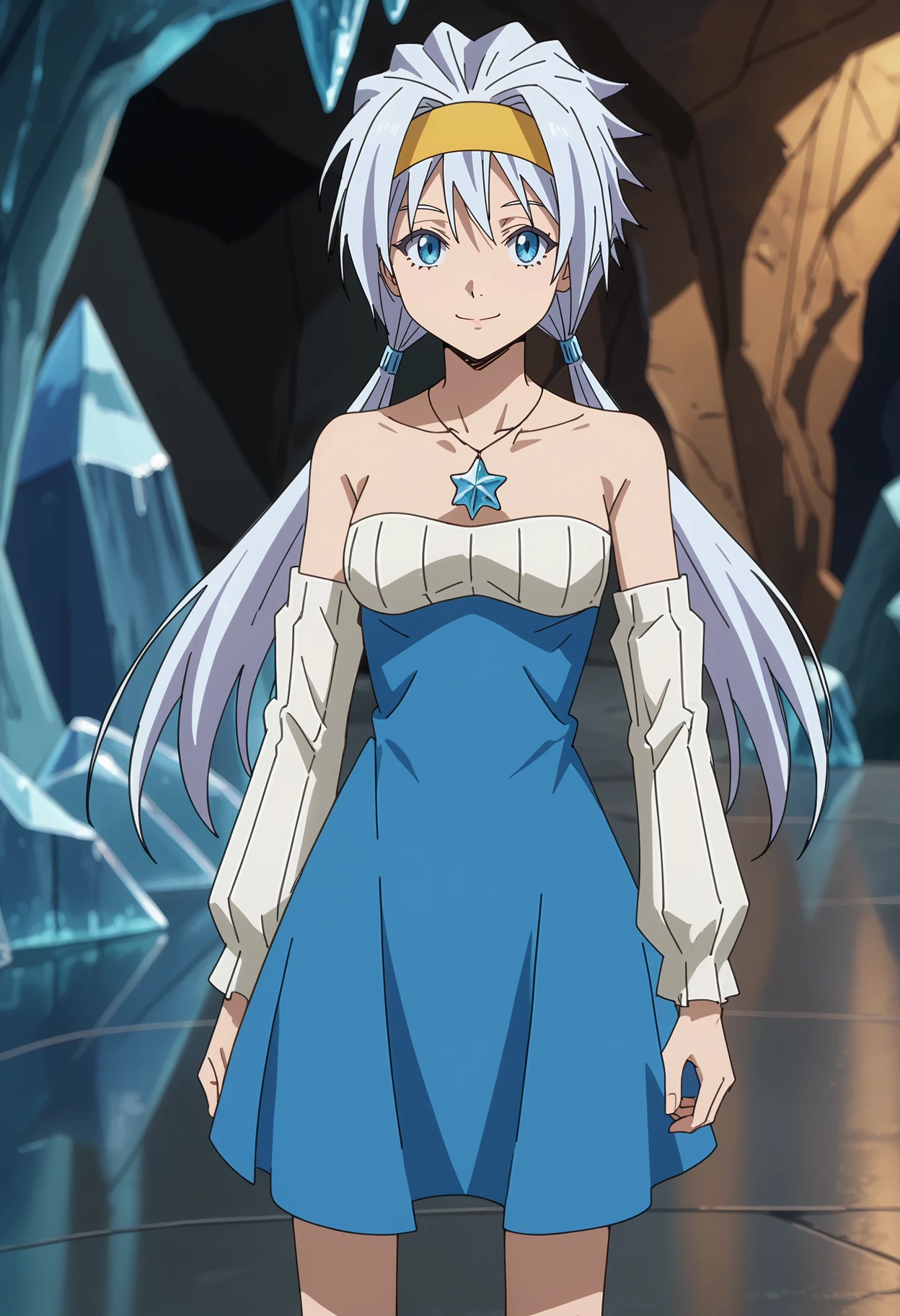 score_7_up, anime screencap,
<lora:TenSura_VelzardXL:0.9>, VelzardTS,
1girl, solo, closed mouth, light smile,
spiked hair, white hair, low twintails, blue eyes, yellow headband,
strapless dress, multicolored dress, ribbed dress, white dress, blue dress, star necklace, detached sleeves,
standing, looking at viewer,
blurry background, indoors, cave, ice