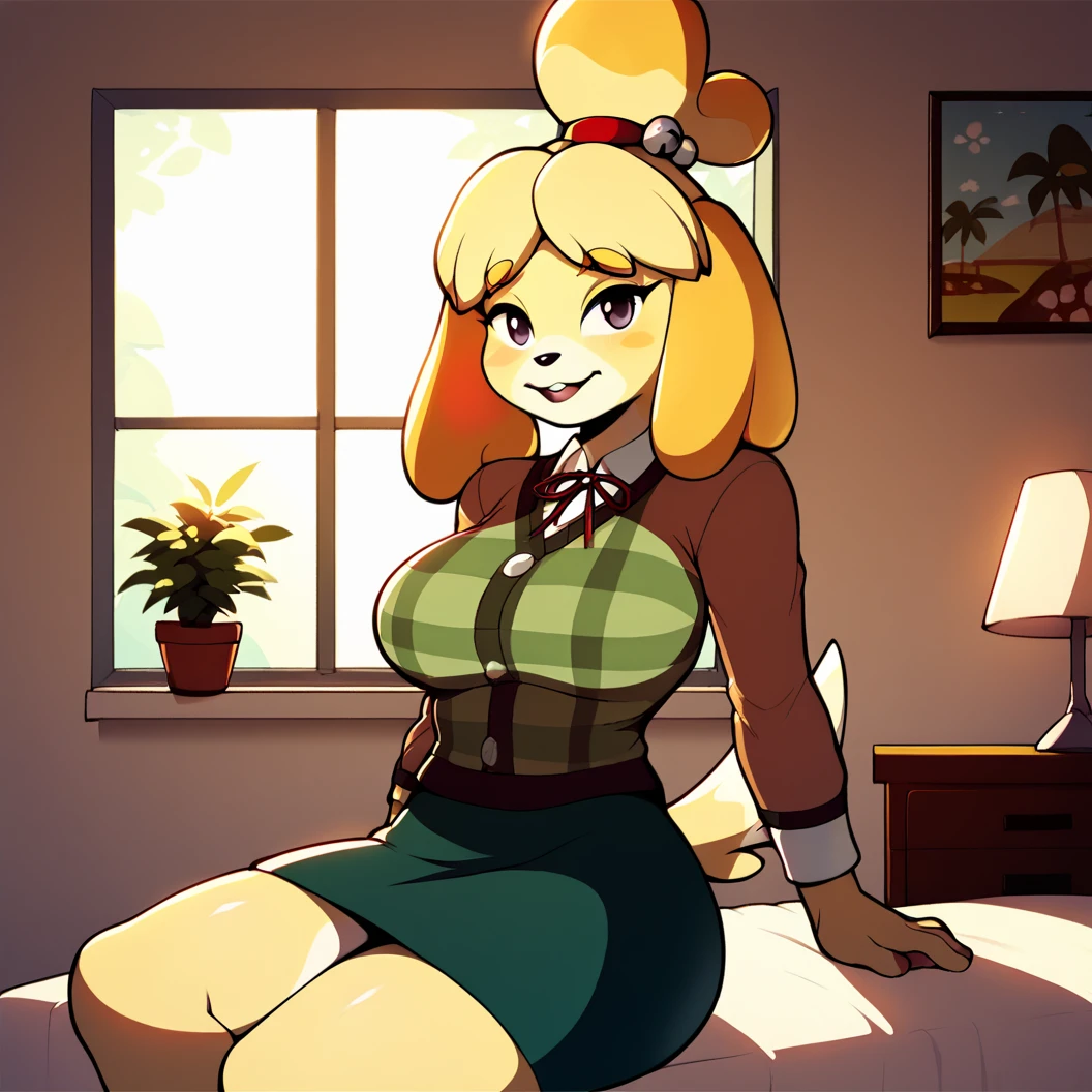 score_9, score_8_up, score_7_up, score_6_up, score_5_up, score_4_up,  <lora:Sprinkles_style:1>, isabelle from animal crossing, furry female, large breasts, indoors, bedroom, sweater, skirt, looking at viewer, body fur, black eyes