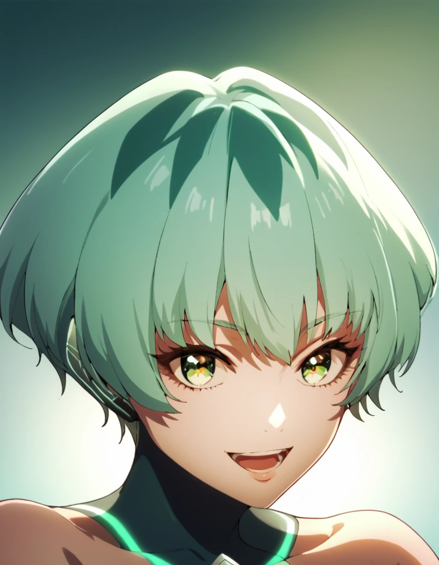 score_9, score_8_up, score_7_up, score_6_up, score_5_up, score_4_up, source_anime, , Amber, short hair, bangs, green eyes, green hair, aqua hair, , dynamic pose, smile