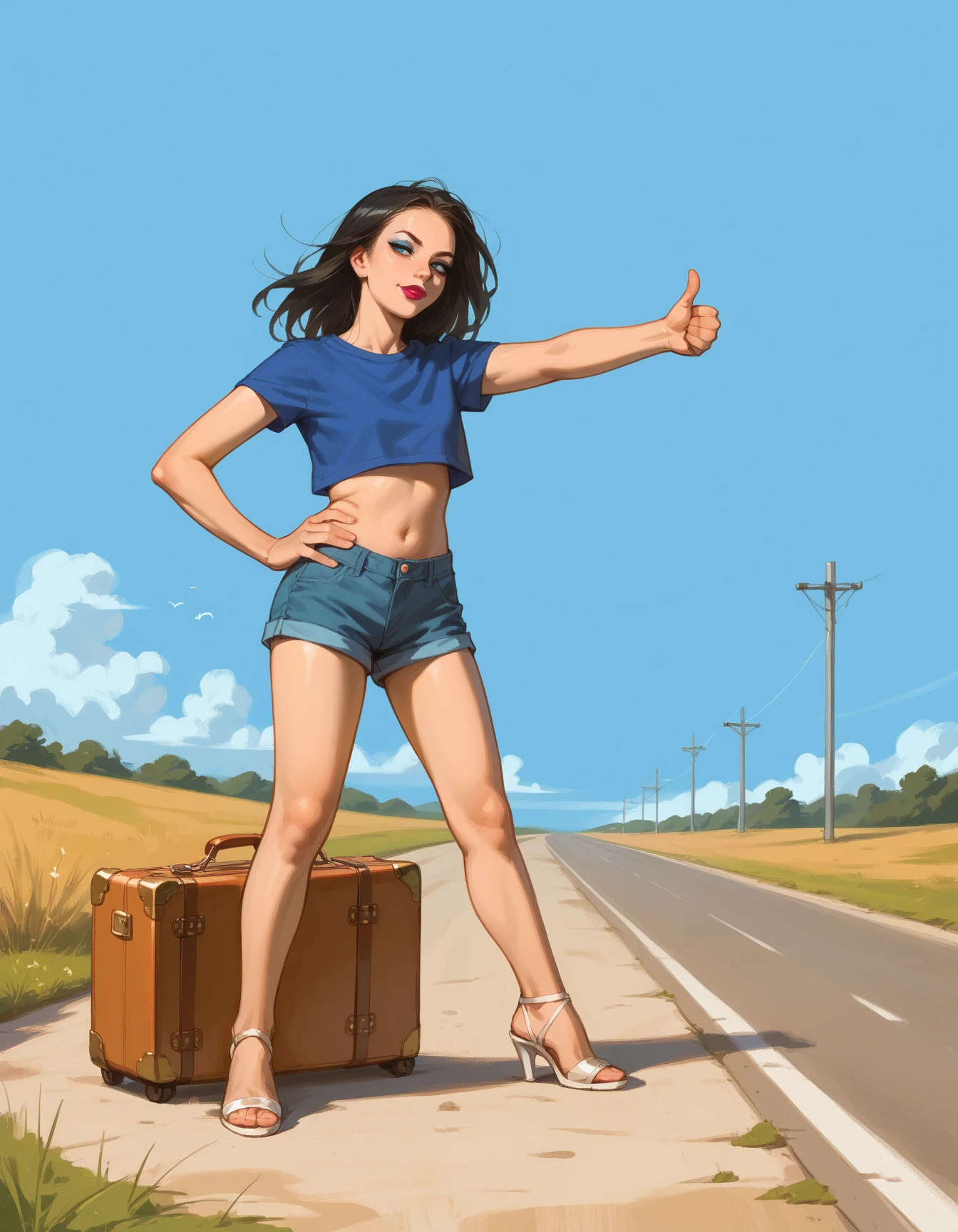 score_9, score_8_up, score_7_up, score_6_up, score_5_up, score_4_up, solo, 1girl, long black hair, makeup, lipstick, blue shirt, midriff, shorts, suitcase, sitting, hud_h1tchh1ker, on the side of the road, hand on hip, outstretched arm, blue sky, day, thumbs up, <lora:hud_h1tchh1ker_XLP:0.7>, hitchhiking,