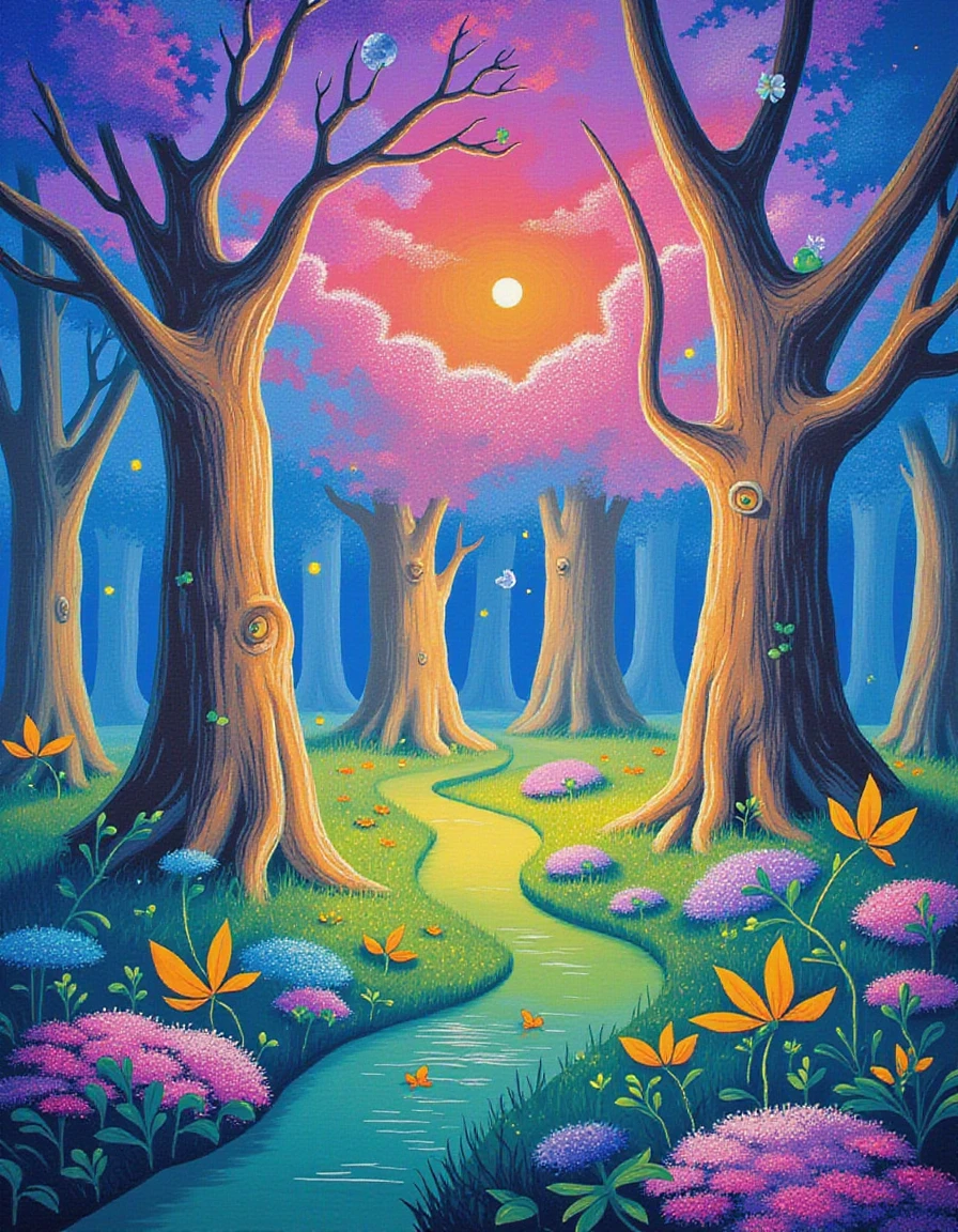 {
"prompt": "Create a surrealistic scene featuring a mysterious, ethereal forest
