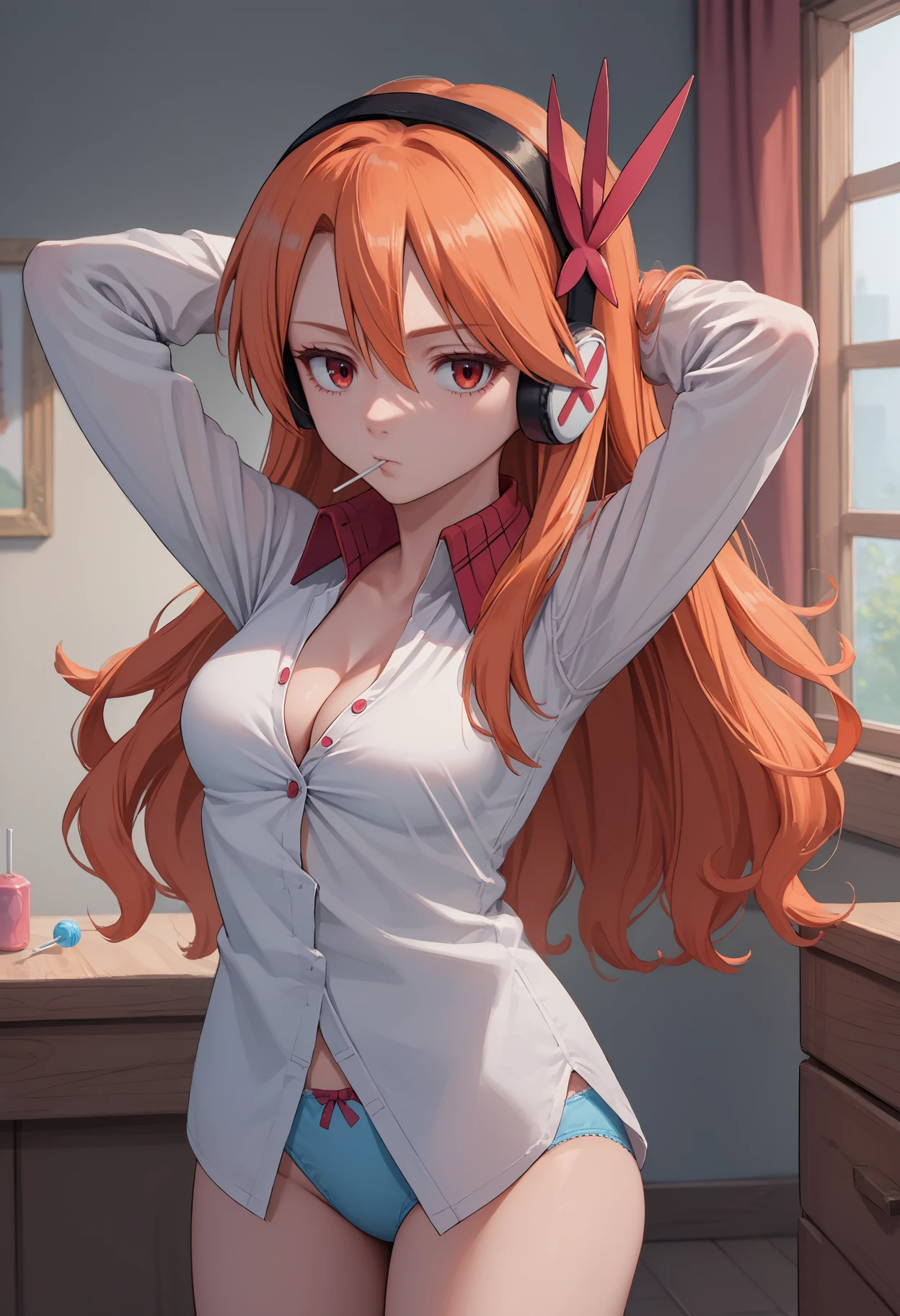 score_9, score_7_up, source_anime, solo, 1girl, agkchelsea, expressionless, looking at you, standing, arms behind head, lollipop, orange hair, hair ornament, headphones, white shirt, collared shirt, partially unbuttoned, long sleeves, blue panties, cleavage, medium breasts, indoors, bedroom
<segment:yolo-face_yolov8m.pt,0.4,0.5//cid=1>