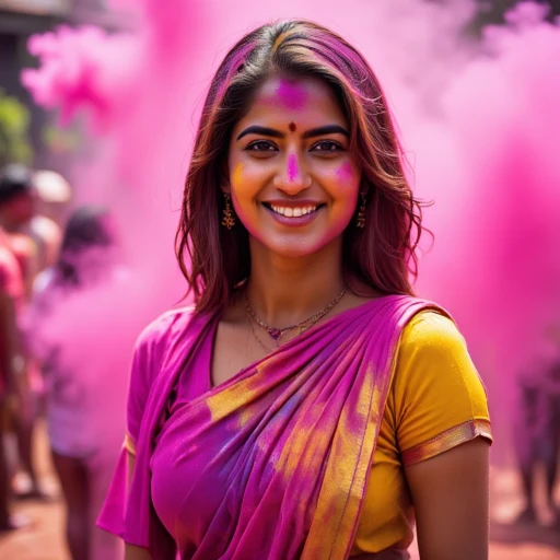 A Female Wearing A Saree, Holi_Style, Multicolor Smoke, Multicolor Paint on skin, Multicolor Powder on body