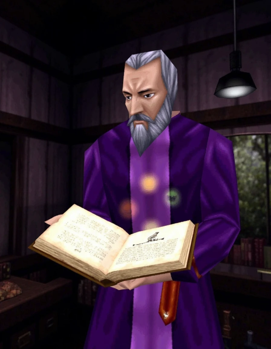 ps1 screenshot, low poly, posterization, wizard in purple robe holding spellbook with glowing runic symbols floating from book pages, library indoors, dark atmosphere,, <lora:SXZ_PS1_Screenshot_Flux:1.5>