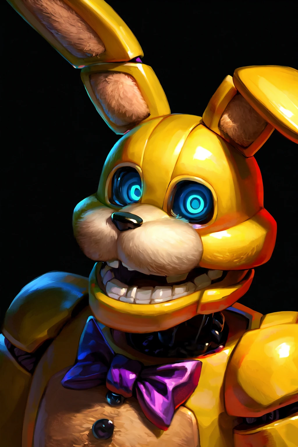 (pitbonnie), horror (theme), FNAF, open mouth, rabbit, close-up, blue eyes, glowing eyes, purple bow, solo, dark background, detailed, looking at viewer, (masterpiece, best quality:1.3), hi res, absurd res, 4k, hdr, detailed eyes, perfect anatomy, UHD, high resolution, 32K, official art, masterful technique, realistic proportions, by null-ghost <lora:PitBonnie-v1:0.92> <lora:add_detail:0.75>