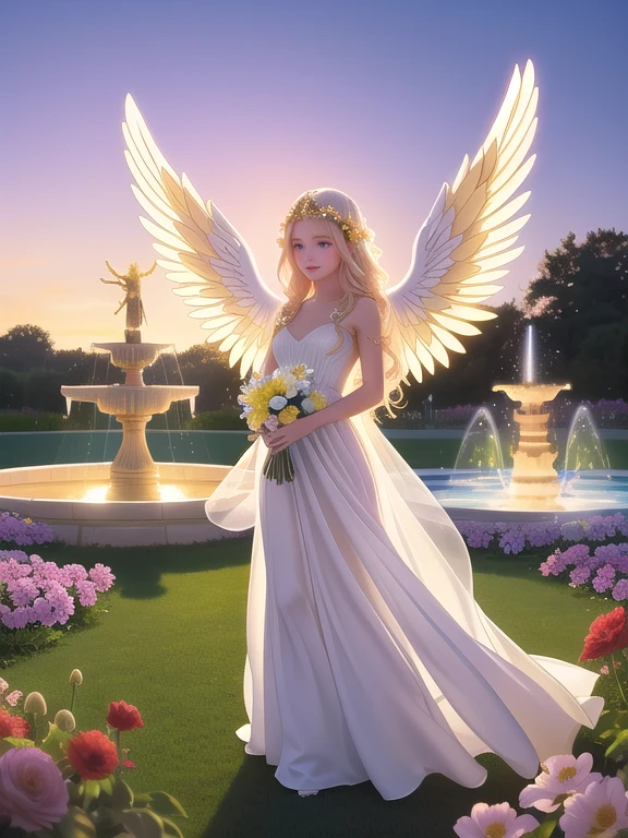 A celestial angel in a heavenly garden, wearing a flowing white gown with golden accents. Her hair is adorned with a halo, and she has large, radiant wings. She stands among heavenly flowers and fountains, with a backdrop of a glowing sunset.