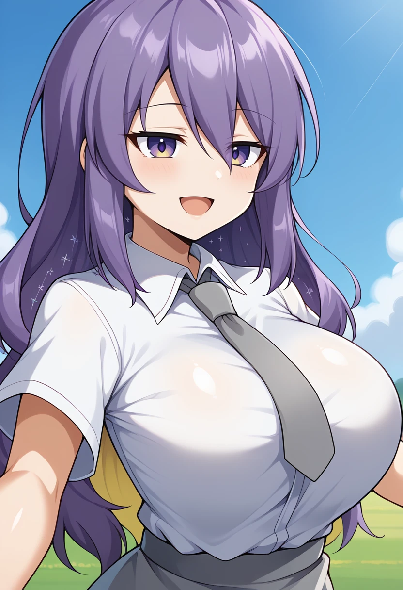 (best quality), (Super detailed), (Best Illustration), (masterpiece), score_9, score_8_up, score_7_up, (4k), nsfw, (1woman), (large breasts), blush, (sweat), fern, long hair, bangs, (purple eyes:1.1), purple hair, sidelocks, blunt bangs, (bright pupils:1.5), half updo,