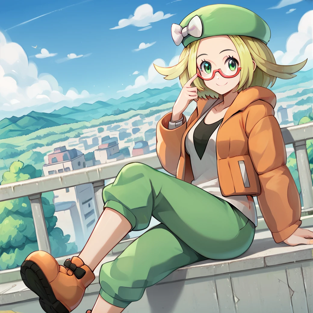 score_9, score_8_up, score_7_up, score_6_up, score_5_up, score_4_up,  <lora:Bianca_Pokemon_BW2:1>, biancabw2,1girl, solo, blonde hair, beret, orange jacket, open jacket, white shirt, smile, glasses, outdoors, cityscape, white bow, hat bow, green hat, green pants, orange footwear, sitting, green eyes, breasts,