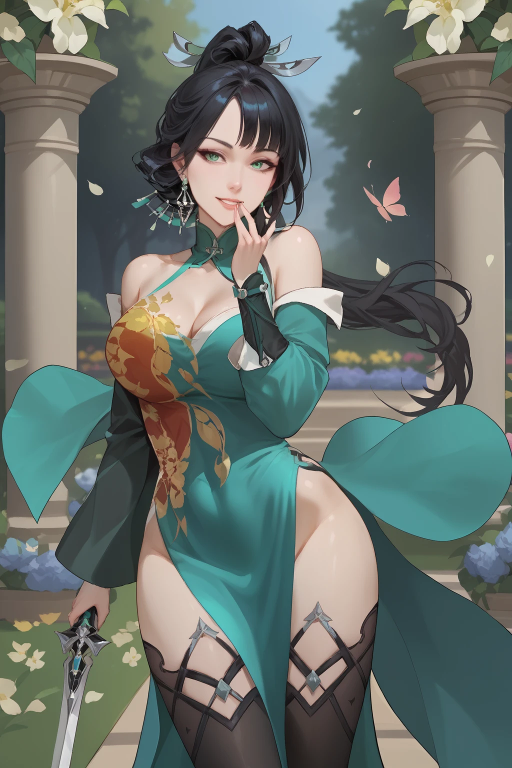 yu xiao er, black hair, long hair, high ponytail, hair ornament, earrings, green eyes, green halter neck dress, low-cut dress, dress with high slit, golden pattern on green dress, black thigh highs, green shoes, holding a sword,
(nsfw), (uncensored), (score_9), score_8_up, score_7_up, source_anime, cowboy shot, dynamic pose, Happy, Smile, Parted Lips, blush, ashamed, shy, sexy, charming, alluring, seductive, enchanting, erotic,
((outdoors)), ((flower garden)), ((flowers)), ((many flowers)), spring petals, petals of flowers, spring, falling petals, flying butterflies<lora:EMS-460686-EMS:1.000000>