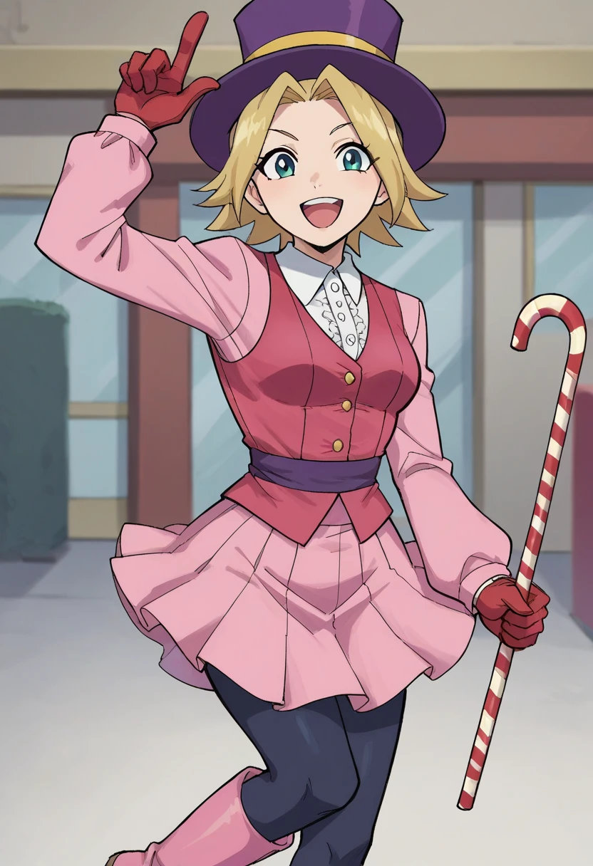 PonyXLV6_Scores,source_anime,anime screencap,anime colors,1girl,streetperformerpc,<lora:StreetPerformerPCPony:1>,(solo:1.2),short hair,blonde hair,skirt,vest,red gloves,pink jacket,long sleeves,black pantyhose,top hat,holding cane,boots,happy,:d,posing,indoors,theater