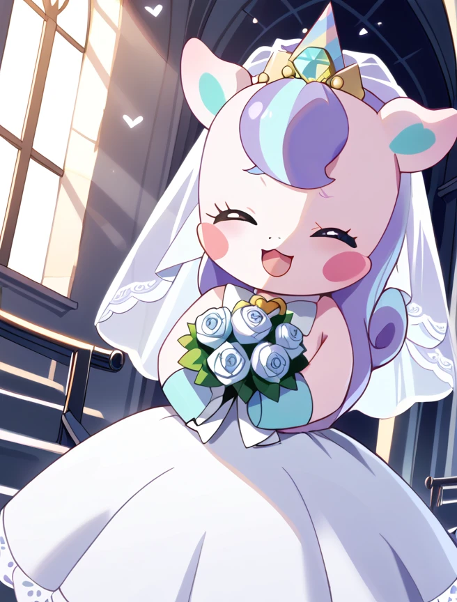 score_10, score_9_up, score_8_up, Niko, solo, smile, open mouth, holding, closed eyes, purple hair, no humans, ^_^, blush stickers, wedding dress, wedding veil, church