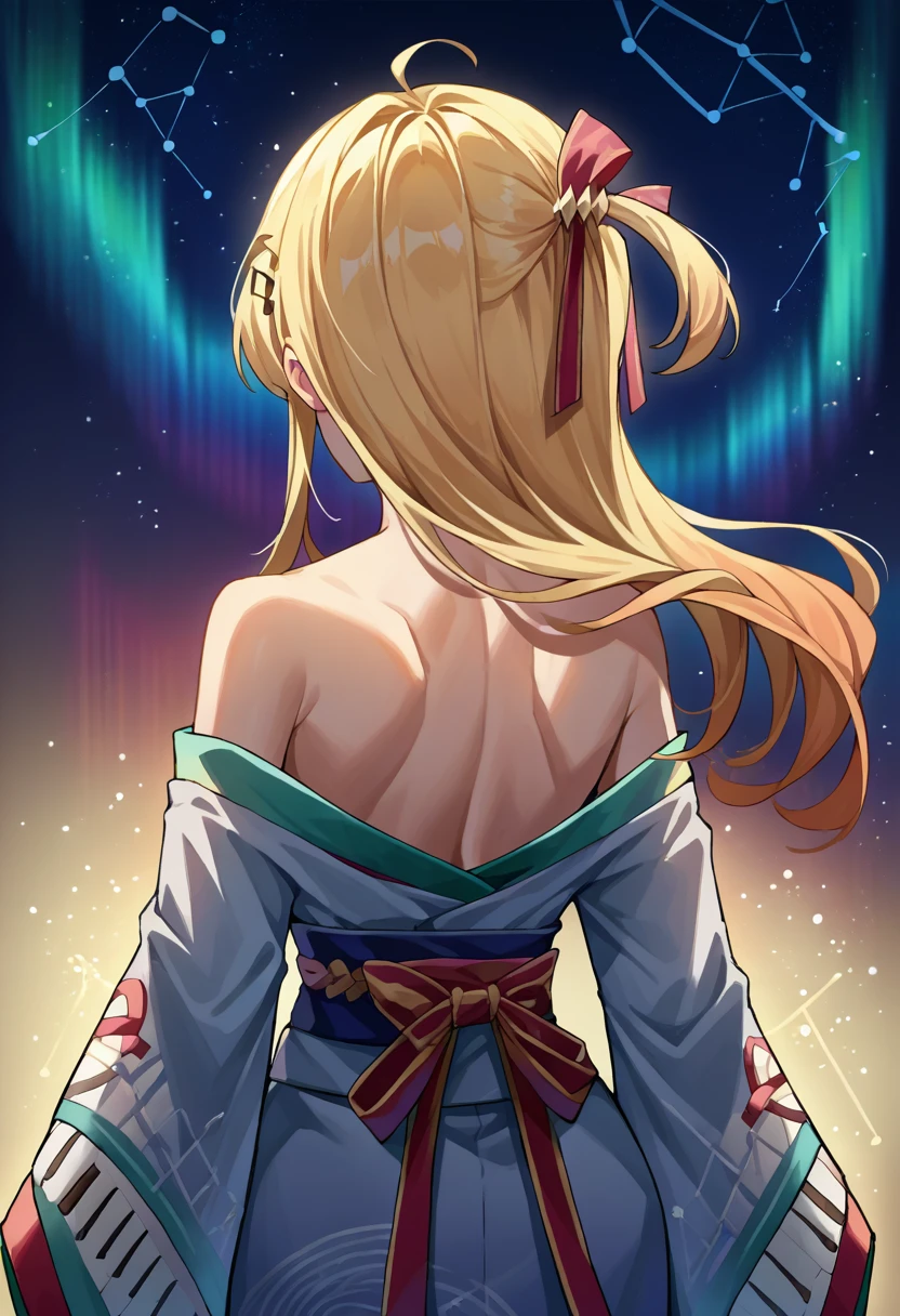 score_9, score_8_up, source_anime, 1girl, solo, OtonoseKanade, long hair, one side up, hair ribbon, musical note hair ornament, aurora, back, bare back, bare shoulders, constellation, from behind, kimono, light particles, long sleeves, off shoulder, <lora:ChamOtonoseKanadePonyXL:1>