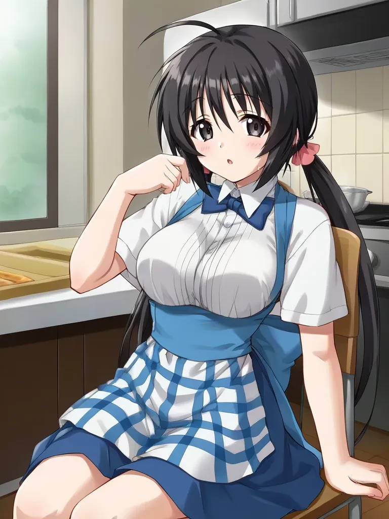 <lora:sakuhiyovgrebirthpony:0.7>
1girl, solo, sakuragihiyorivgrebirth, black hair, long hair, low twintails, ahoge, black eyes, waitress, indoors, kitchen, sitting, chair, open mouth, parted lips, looking at viewer, cowboy shot