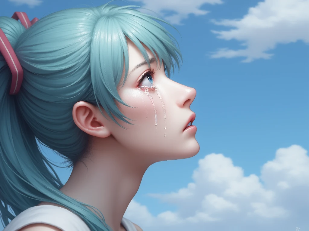 anime, Hatsune Miku is crying with tears in eyes,  upperbody, looking up, profile,  <lora:crying_with_tears_flux.safetensors:1.0>, 