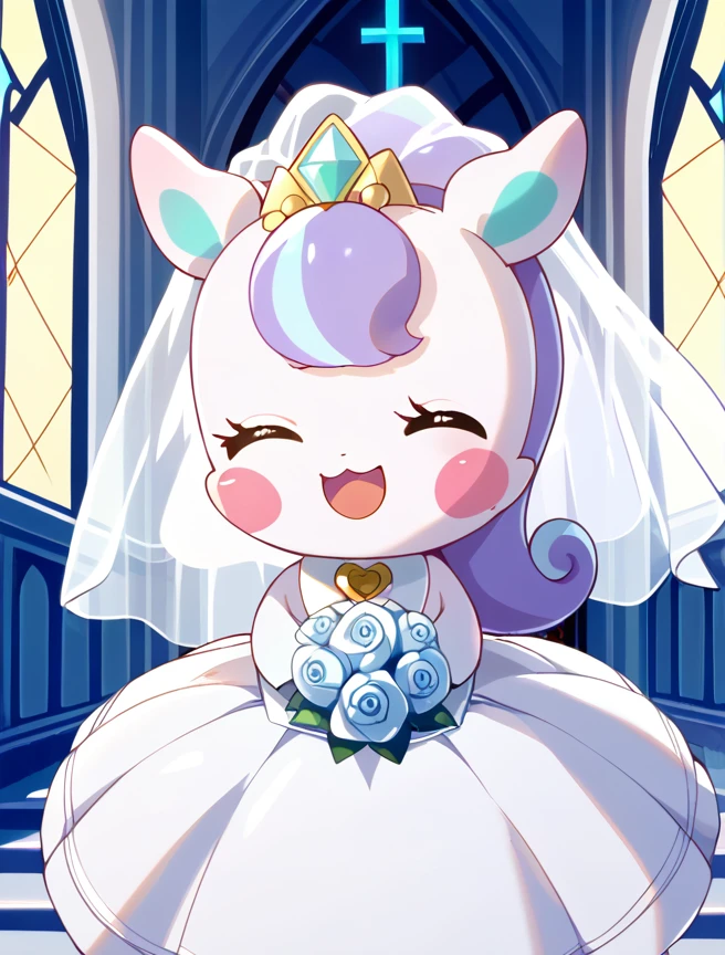 score_10, score_9_up, score_8_up, Niko, solo, smile, open mouth, holding, closed eyes, purple hair, no humans, ^_^, blush stickers, wedding dress, wedding veil, church