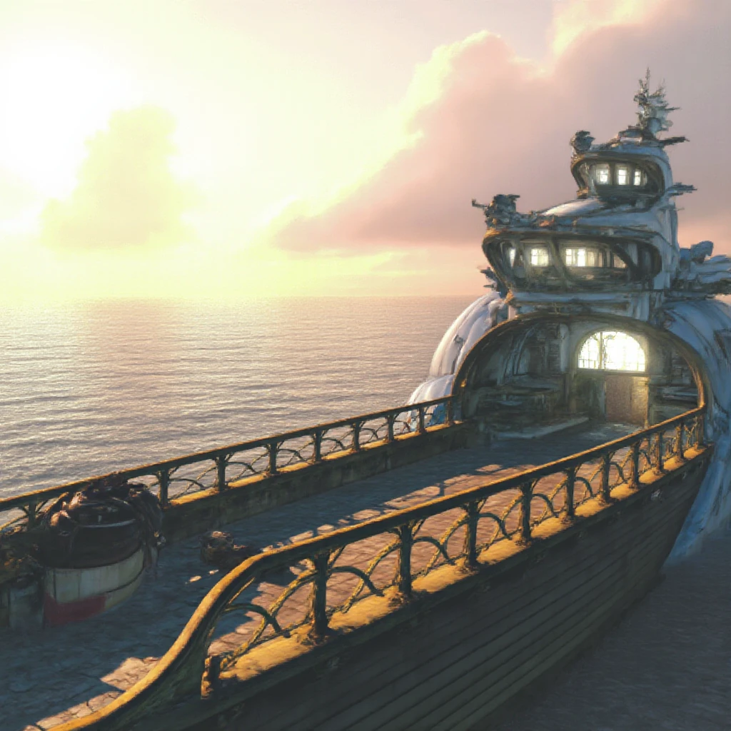 ff8bg artstyle of a ship harbor on a sunny day. 3D CG render in 4K, with highest settings of Unreal Engine 5.